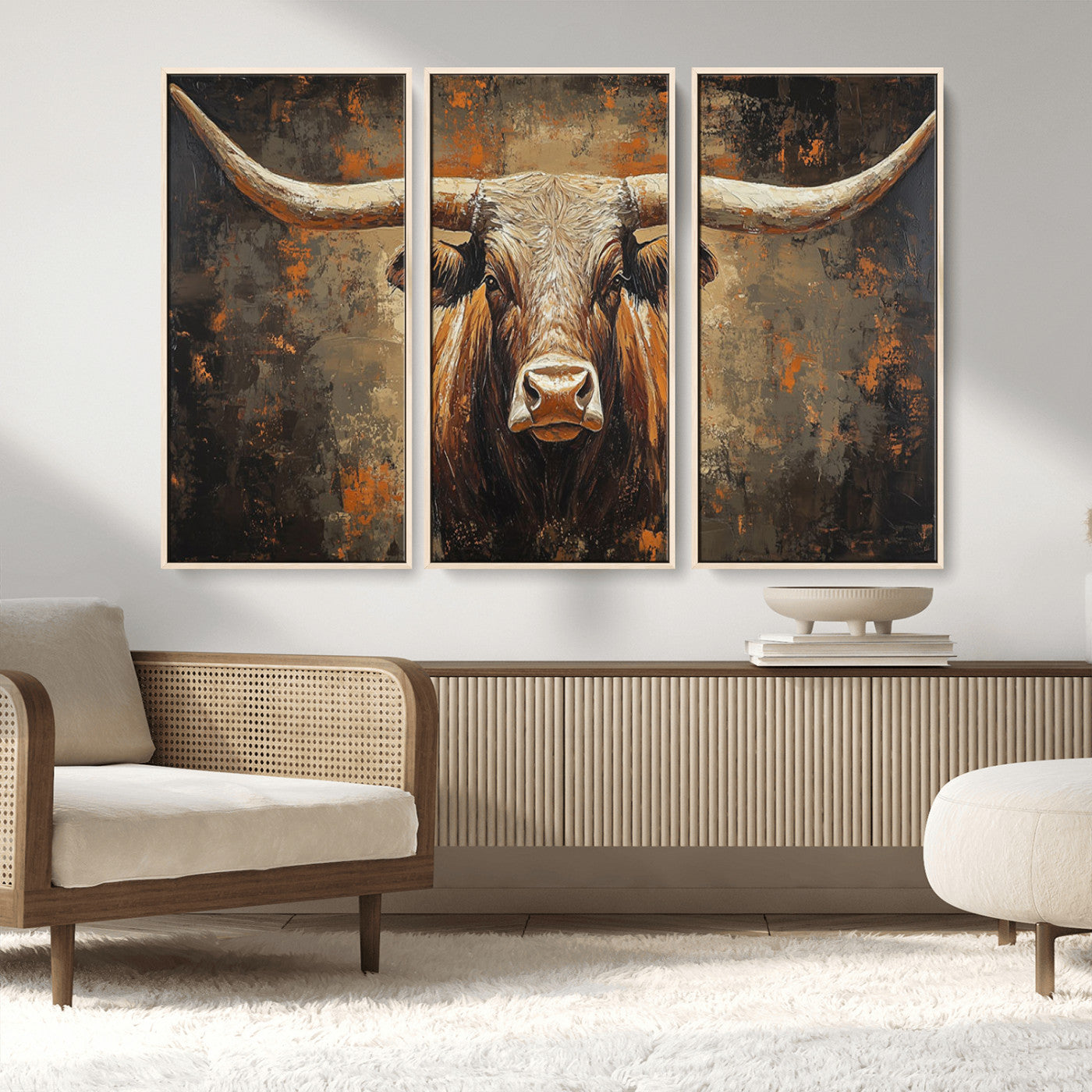 19204445-MGV-CV-36X24-Texas Longhorn Bull Wall Art – Rustic Western Canvas Print, Bold Cowboy Cattle Painting for Ranch House, Farmhouse, Office, or