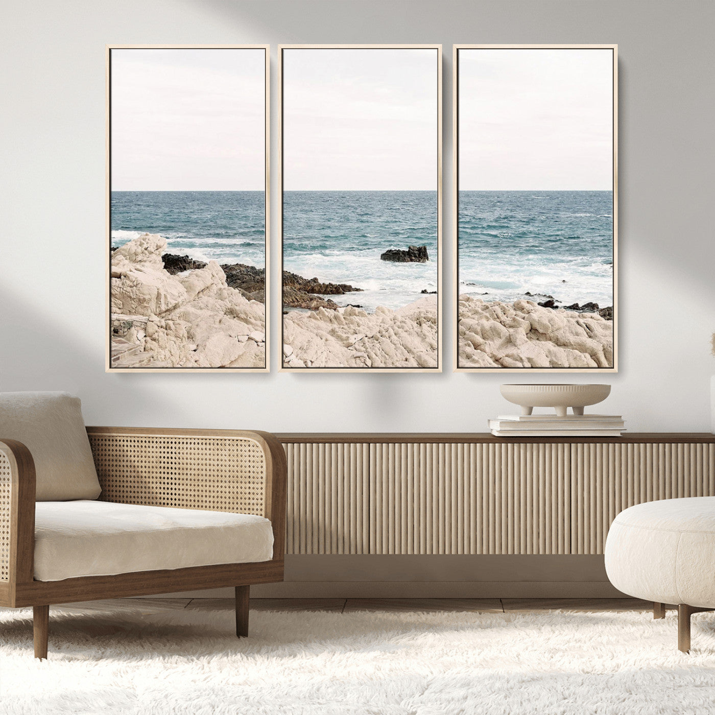 25481980-MGV-FC-48X32-3P_Natural-Ocean Coastal Wall Art – Rocky Shoreline and Waves Canvas Print, Serene Beach Landscape Decor for Living Room, Bedroom, or Office