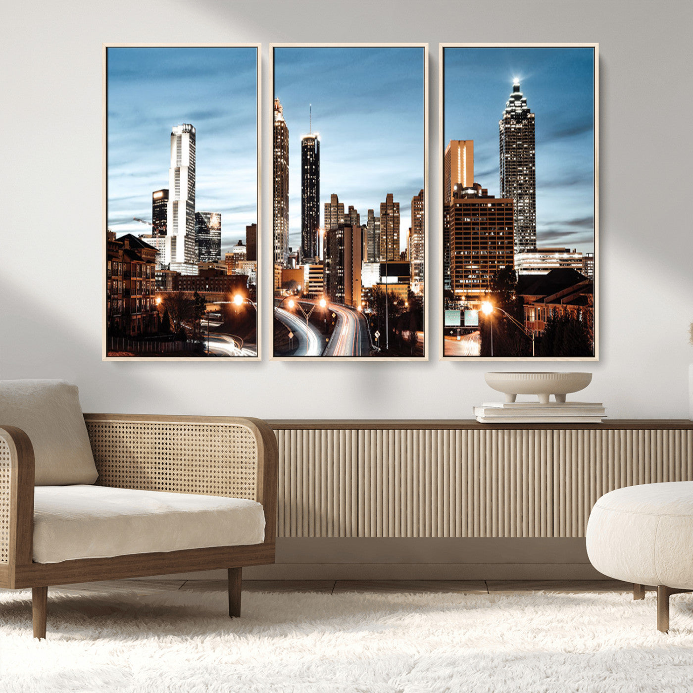 23859158-MGV-FC-48X32-3P_Natural-Atlanta Skyline Wall Art – Modern Cityscape Canvas Print with Night Lights and Traffic Trails, Urban Decor for Office, Apartment,