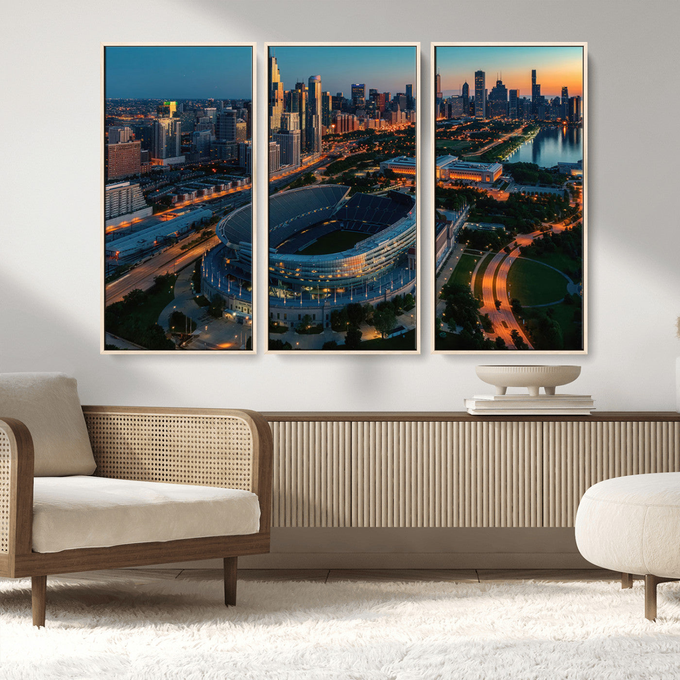 36690345-MGV-CV-36X24-Soldier Field Wall Art – Chicago Bears Stadium Aerial Night Canvas Print, City Skyline Football Decor for Living Room, Office, or