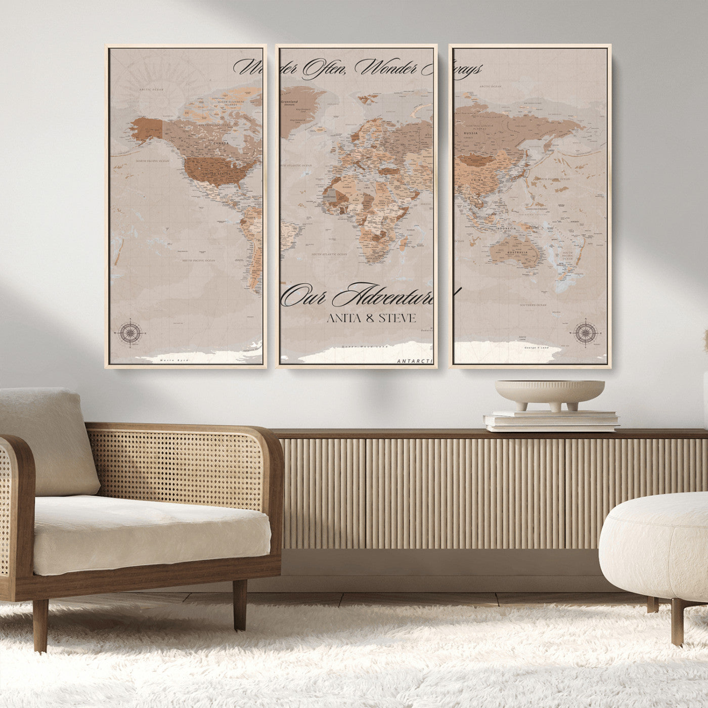 95243244-MGV-CV-36X24-Wander Often Wonder Always World Map Wall Art – Neutral Beige Adventure Canvas Print, Rustic Boho Travel Decor for Bedroom, Living