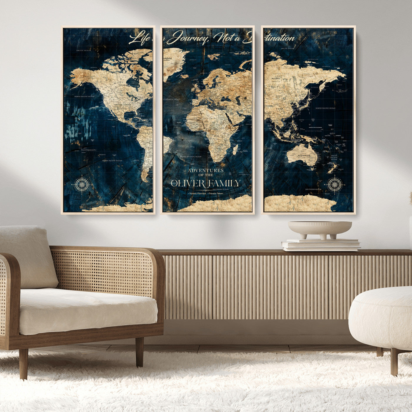 36970886-MGV-CV-36X24-Life is a Journey Not a Destination World Map Rustic Navy Beige Vintage Travel Wall Art Adventure Quote Canvas Print for Home