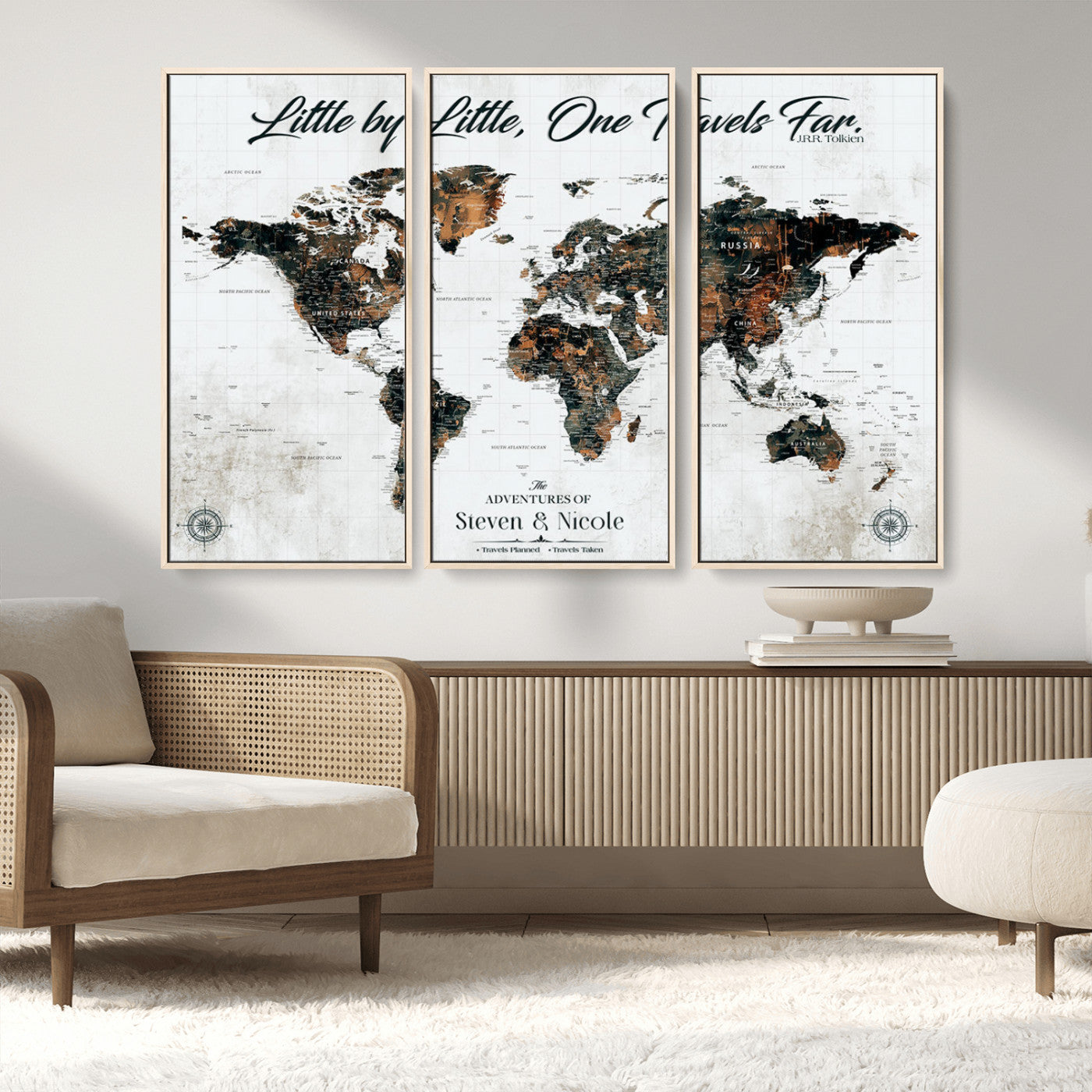 88337180-MGV-FC-48X32-3P_Natural-Little by Little One Travels Far Tolkien Quote World Map Rustic Black Brown Adventure Wall Art Canvas Print for Home Office Living