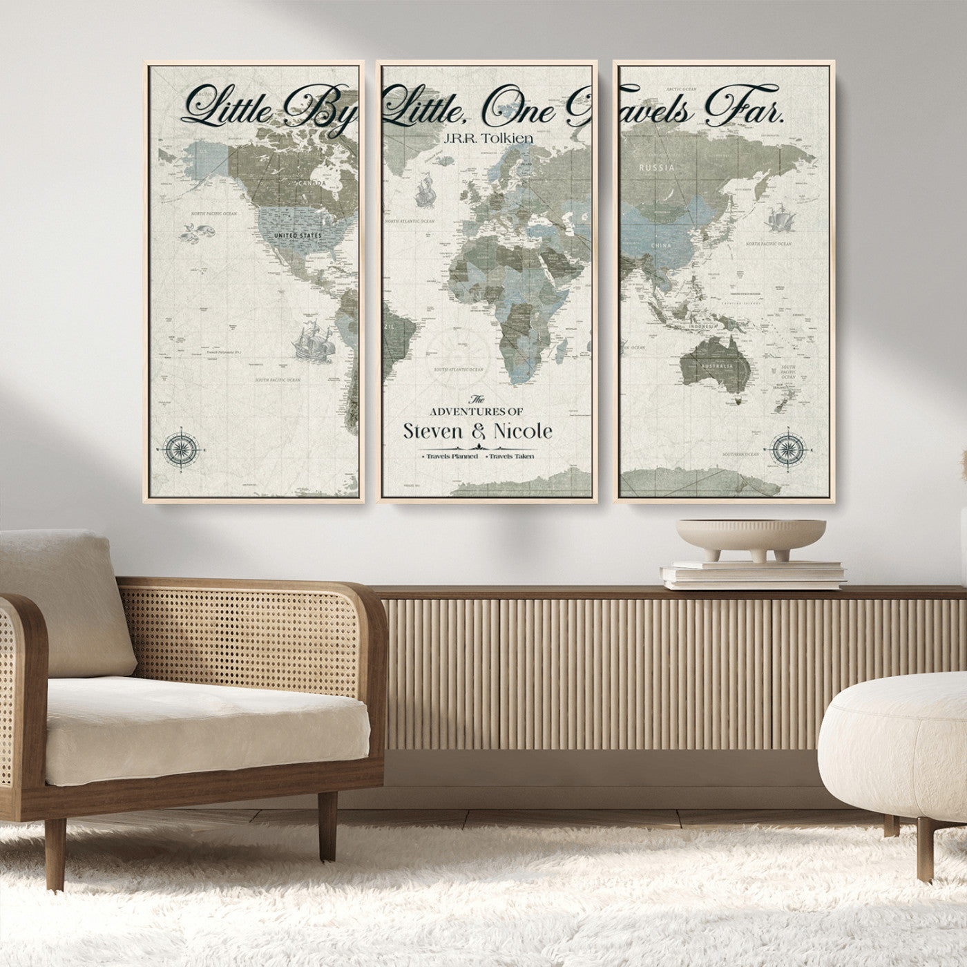 10693204-MGV-FC-48X32-3P_Natural-Little By Little One Travels Far Tolkien Quote Blue Green World Map Adventure Wall Art Canvas Print Rustic Wanderlust Travel Decor