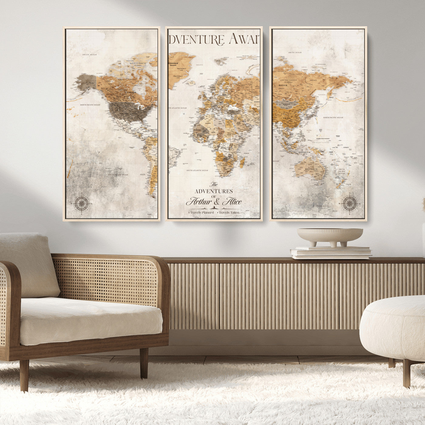 99422096-MGV-FC-48X32-3P_Natural-Adventure Awaits World Map Wall Art – Neutral Beige Canvas Print, Modern Travel Inspired Wall Decor for Living Room, Bedroom or