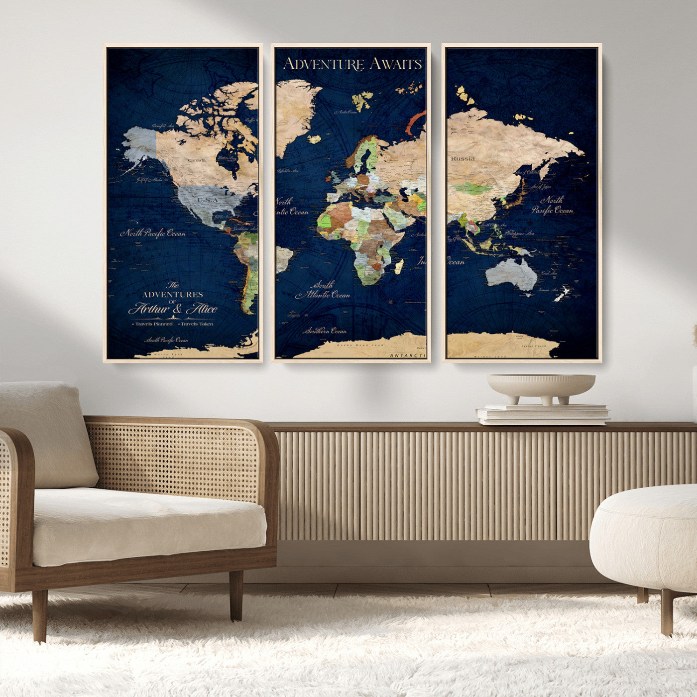 43160428-MGV-FC-48X32-3P_Natural-Adventure Awaits Navy Blue World Map – Vibrant Travel Canvas Wall Art, Antique Atlas Print, Wanderlust Decor for Home Office