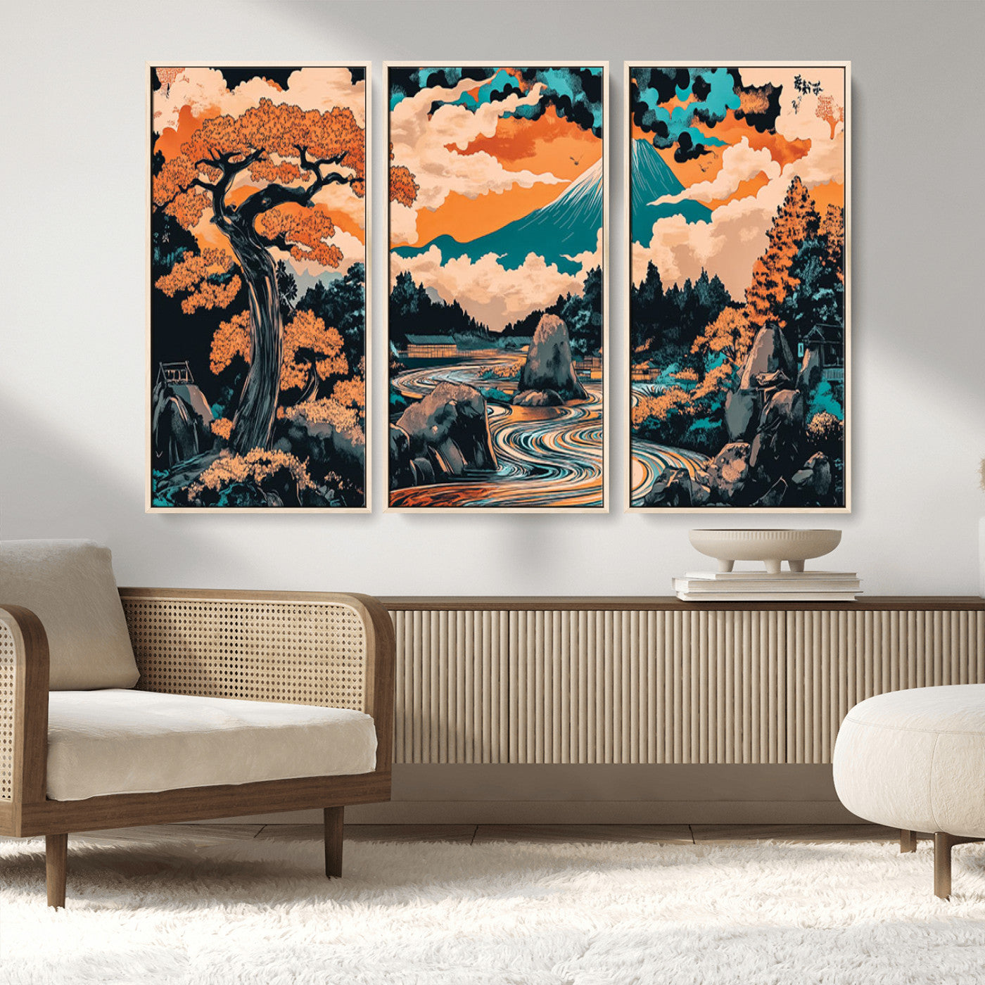 21638941-MGV-CV-36X24-Japanese Landscape Wall Art – Mount Fuji and Flowing River Ukiyo-e Style Canvas Print, Traditional Japan Inspired Artwork for