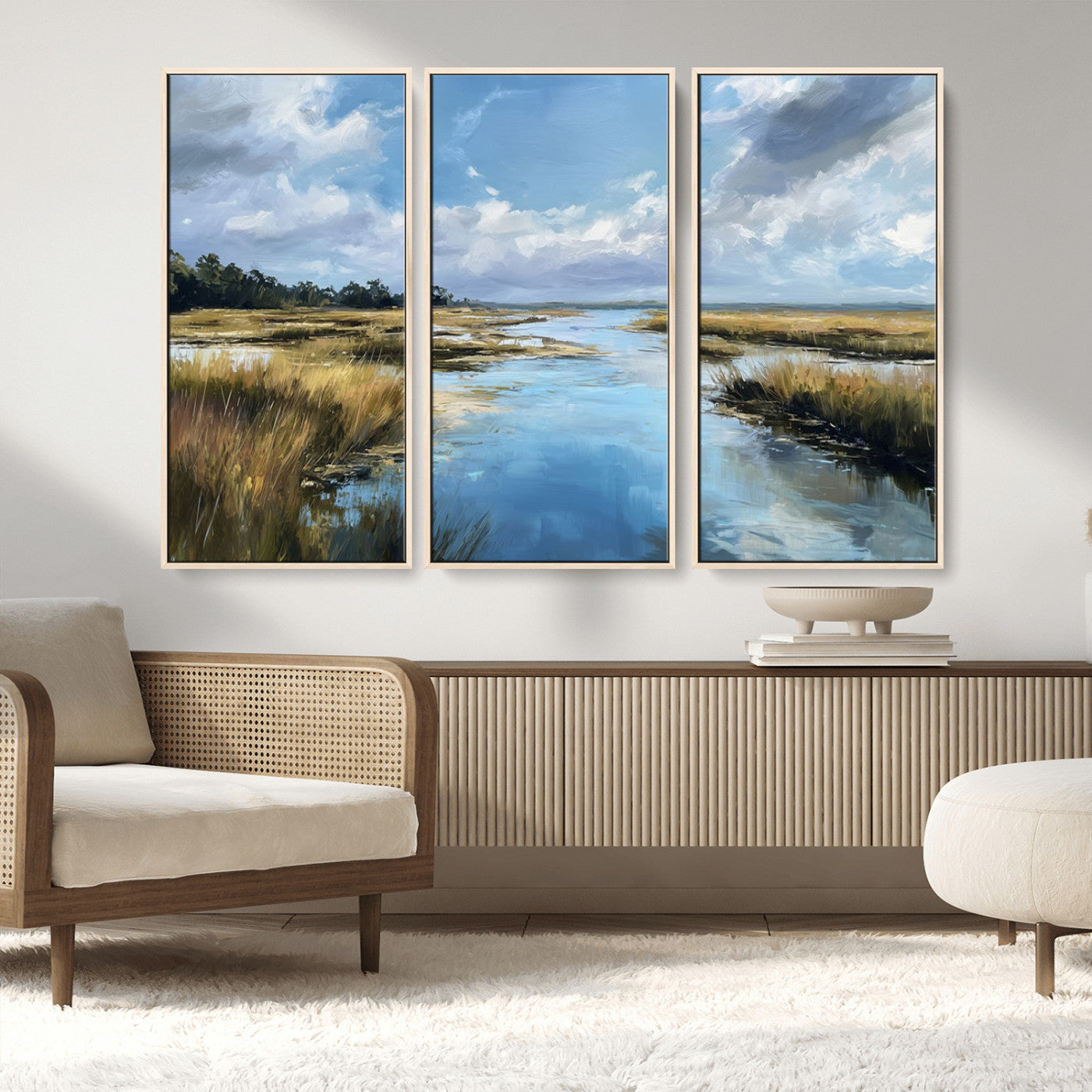 87082041-MGV-CV-36X24-Painted Marshland Canvas Wall Art – Serene Water Reflection, Blue Sky, Golden Grass Landscape, Calm Nature Decor for Home, Office,