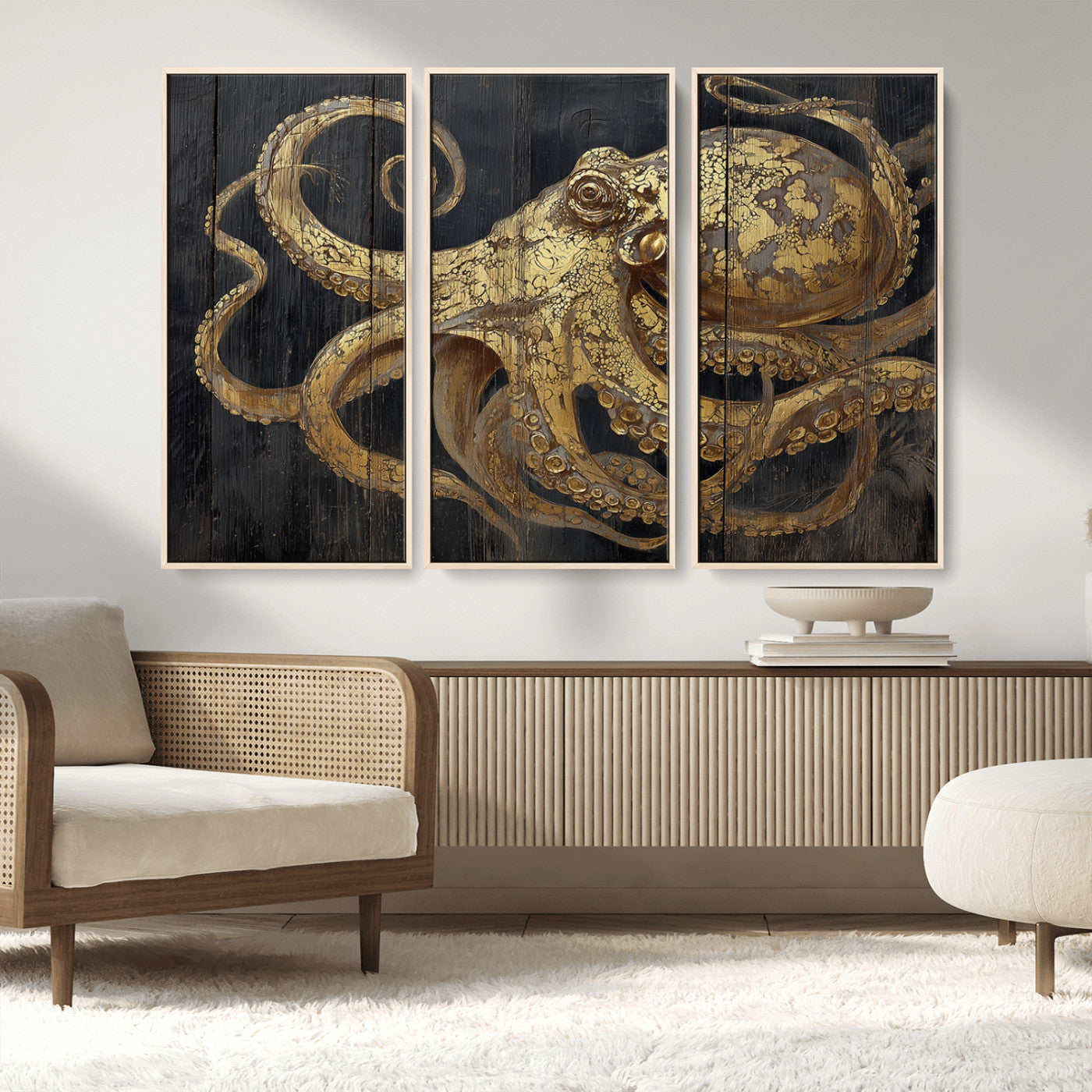 47056538-MGV-CV-36X24-Octopus Wall Art – Gold Nautical Canvas Print with Rustic Wood Texture, Marine Creature Artwork for Coastal Ocean Decoration in