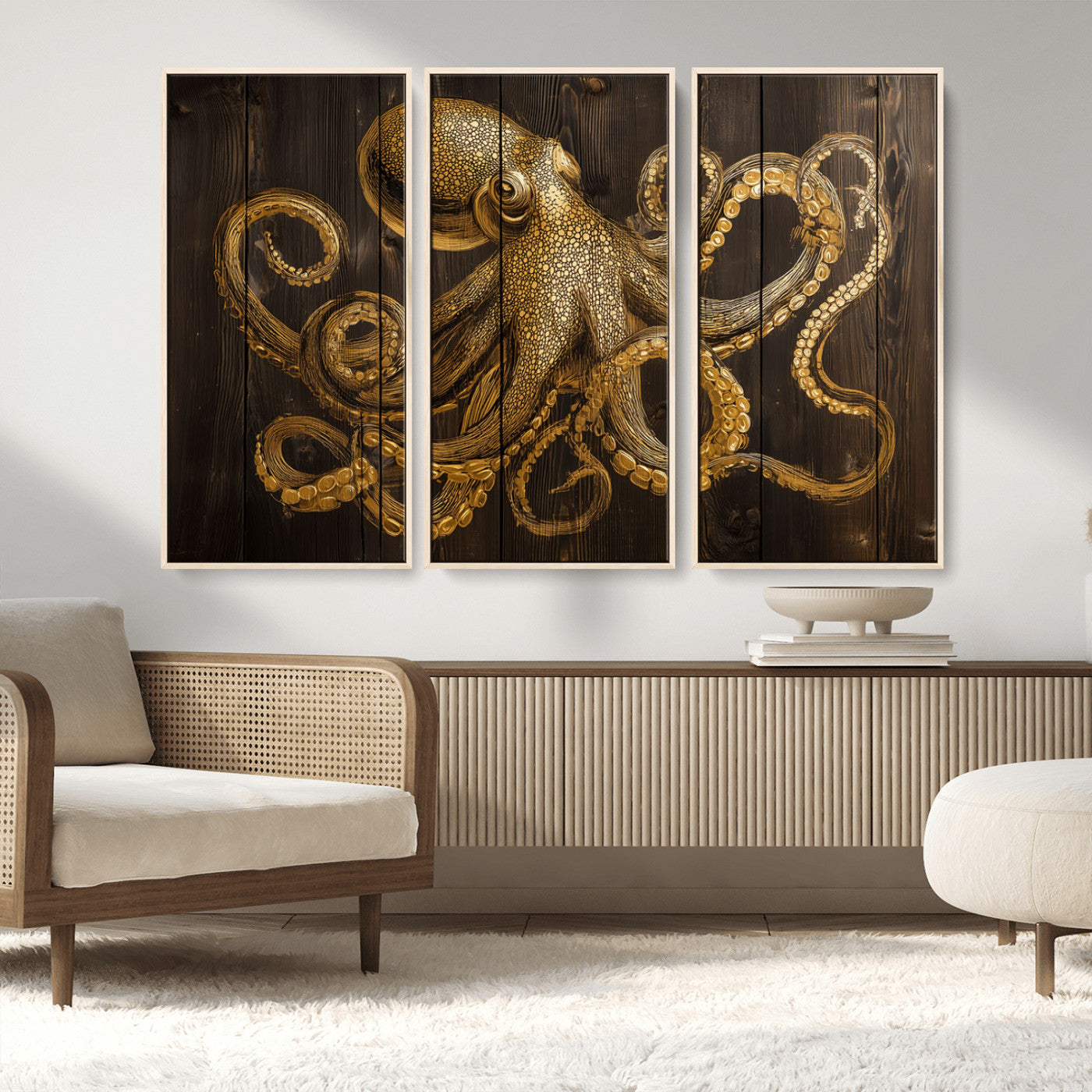 56769669-MGV-FC-48X32-3P_Natural-Octopus Wall Art – Gold Nautical Canvas Print with Rustic Wood Panel Design, Detailed Marine Artwork for Coastal Ocean Decoration