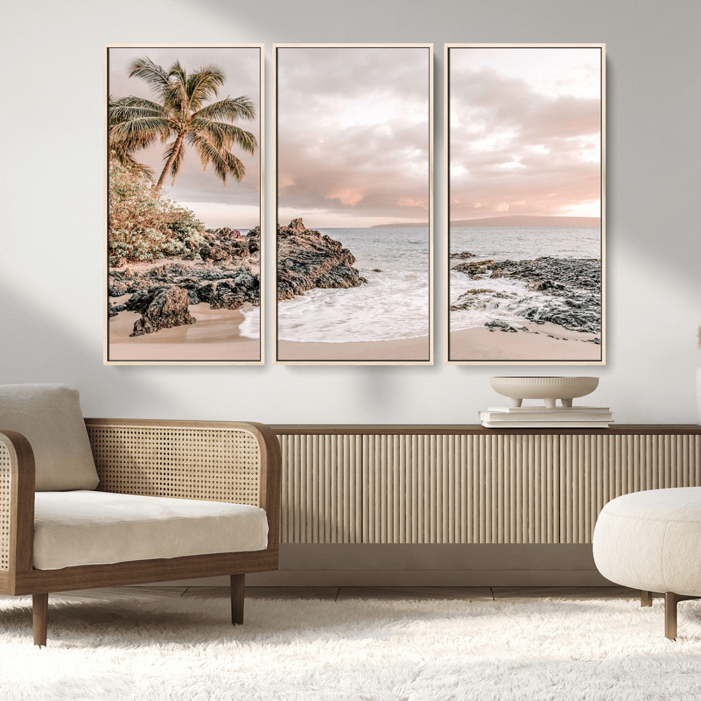 18005328-MGV-CV-36X24-Tropical Beach Canvas Wall Art – Palm Tree, Rocky Shoreline, Ocean Waves, Sunset Clouds, Calm Sea, Island Nature Relaxation for