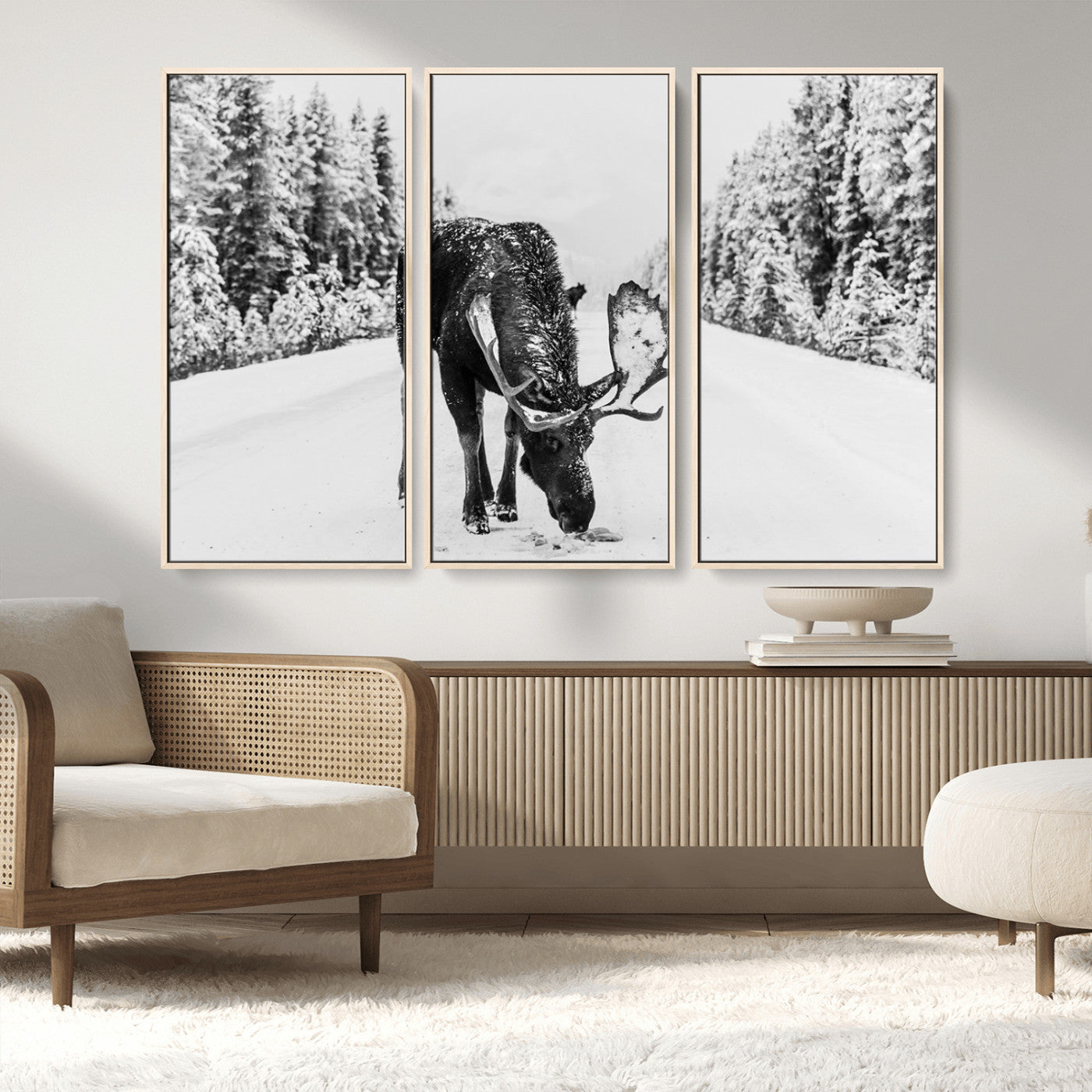 38956835-MGV-CV-36X24-Moose Wall Art – Black and White Wildlife Canvas Print with Snowy Forest Road, Rustic Nature Photography for Cabin, Lodge, Living