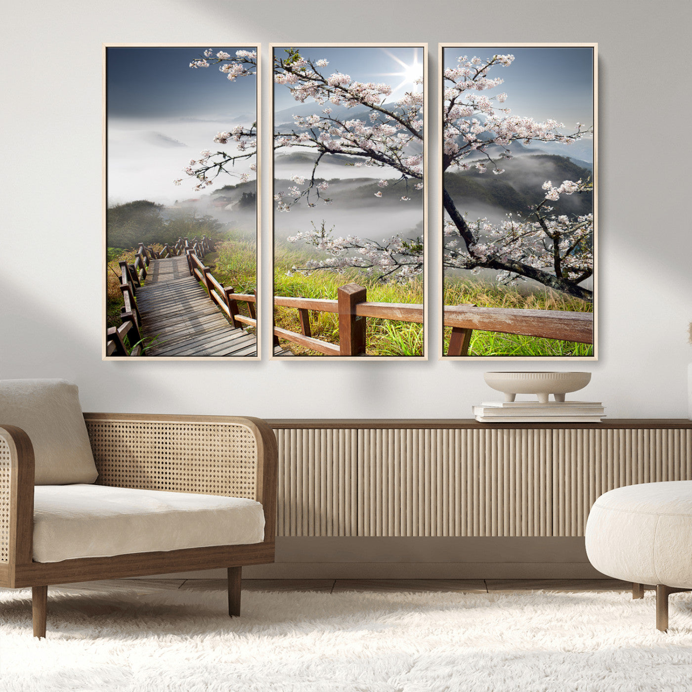 34632598CRY-MGV-FC-48X32-3P_Natural-Cherry Blossom Wall Art – Scenic Asian Landscape Canvas Print with Wooden Walkway, Misty Mountains and Sunrise, Serene Nature