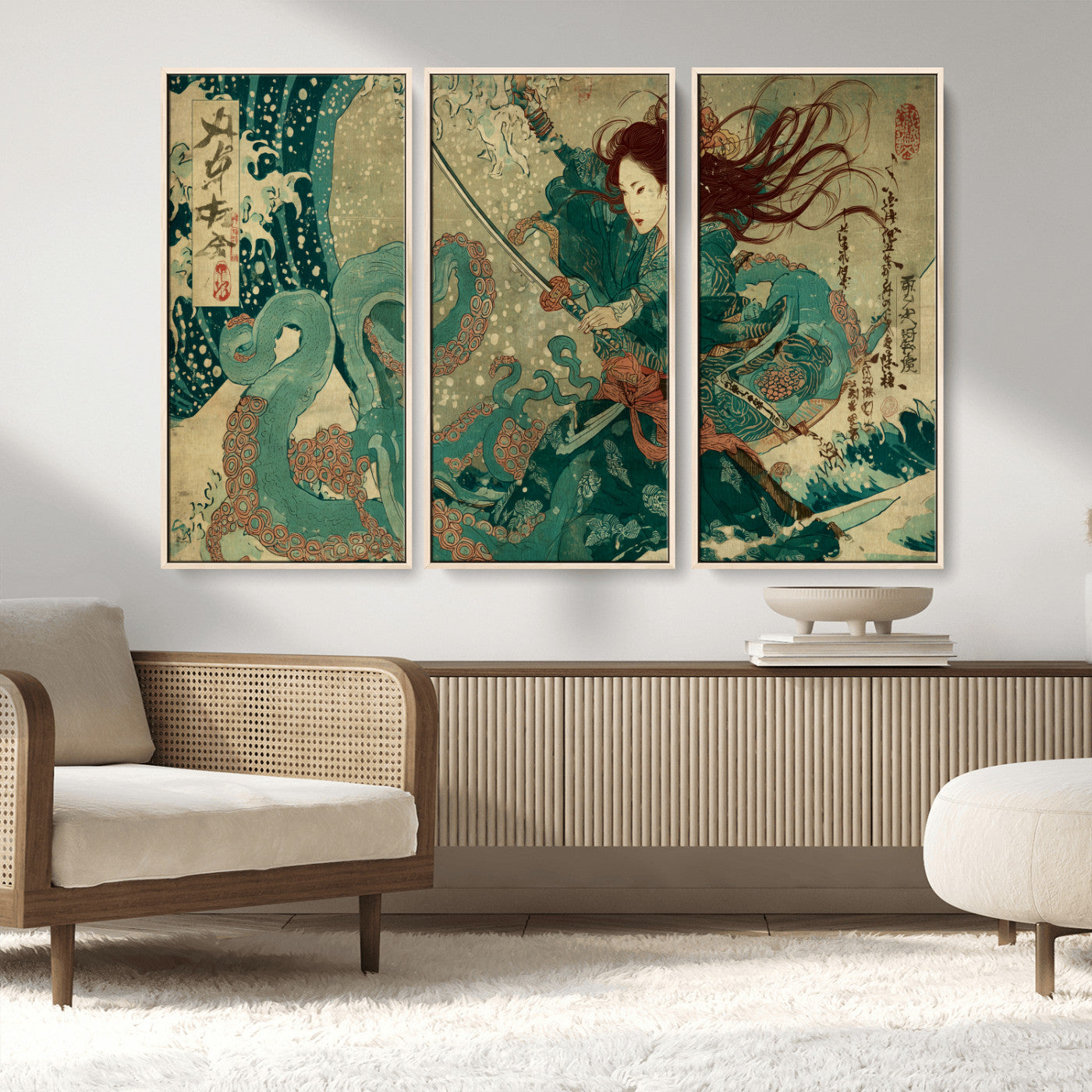 86918027-MGV-FC-48X32-3P_Natural-Samurai Warrior vs Octopus Wall Art – Japanese Ukiyo-e Ocean Battle Canvas Print, Traditional Samurai Artwork for Living Room,