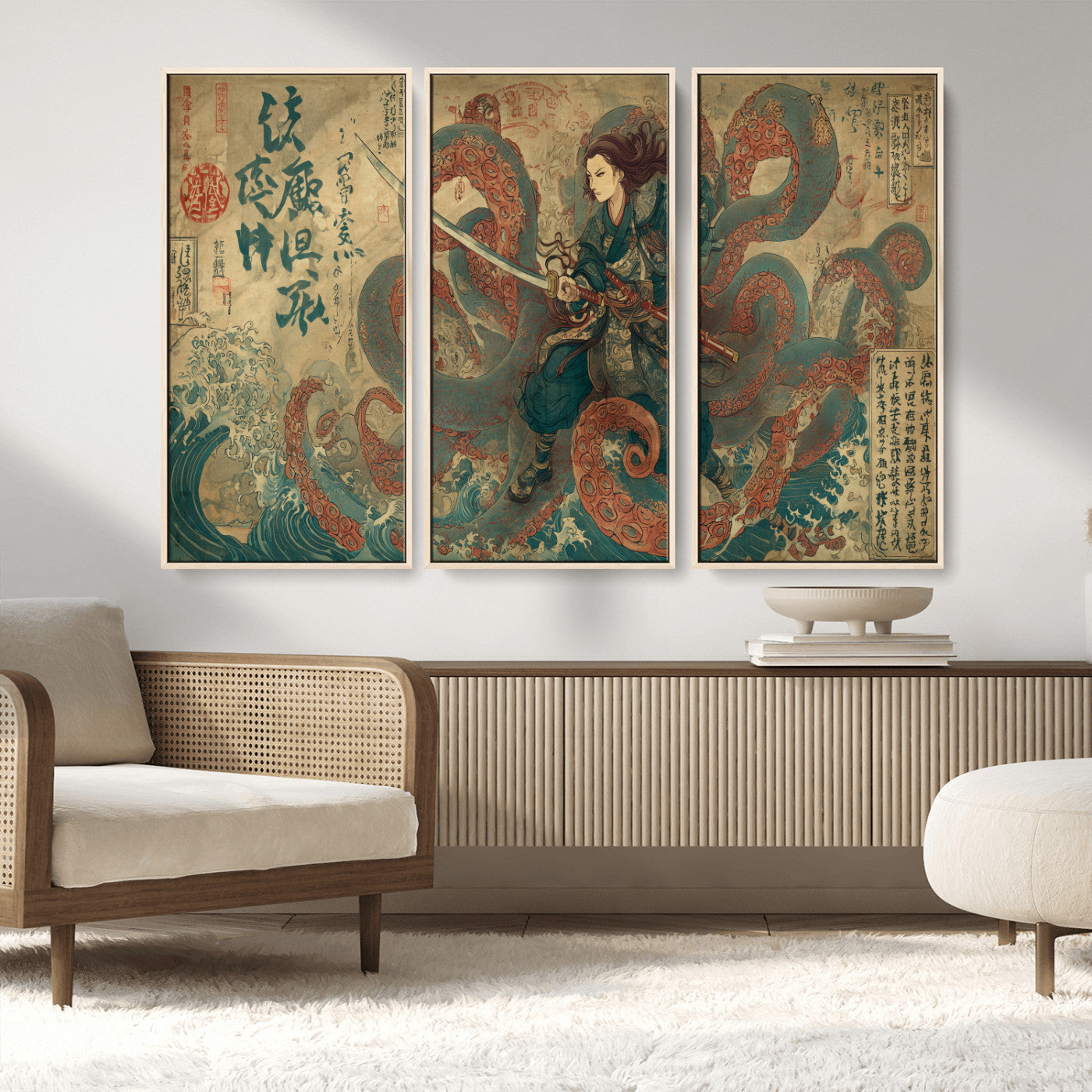 98593115-MGV-CV-36X24-Tsukioka Yoshitoshi Samurai Wall Art Print, Japanese Katana Warrior Canvas Wall Art, Octopus Sea Monster Canvas Print,