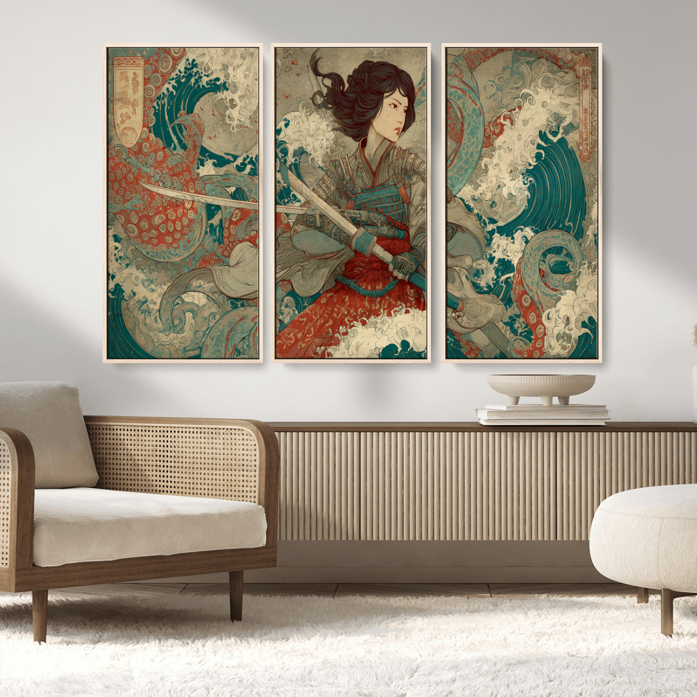 37797255-MGV-CV-36X24-Samurai Woman vs Octopus Wall Art – Japanese Ukiyo-e Red Armor Ocean Battle Canvas Print, Warrior Artwork for Living Room, Office,