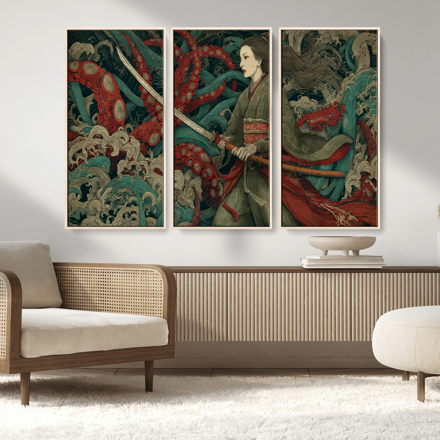 18902796-MGV-FC-48X32-3P_Natural-Samurai Woman vs Octopus Wall Art – Japanese Ukiyo-e Green Kimono Canvas Print, Ocean Battle Scene Artwork for Living Room,