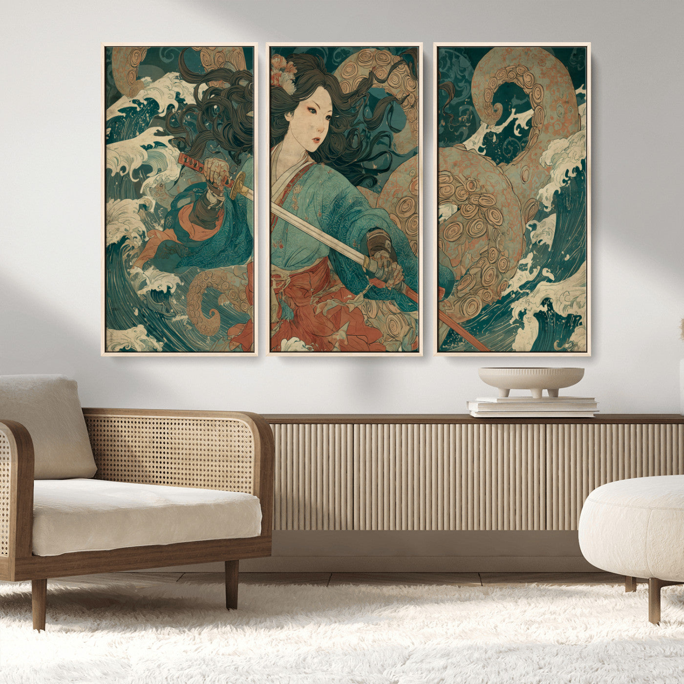 79740258-MGV-FC-48X32-3P_Natural-Samurai Woman vs Octopus Wall Art – Japanese Ukiyo-e Blue Kimono Canvas Print, Ocean Battle Artwork for Living Room, Office, Man