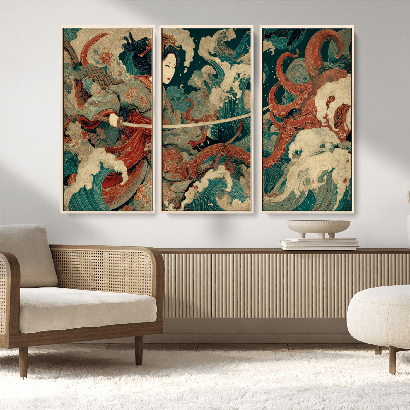 30212982-MGV-FC-48X32-3P_Natural-Samurai Woman vs Octopus Wall Art – Japanese Ukiyo-e Style Warrior and Sea Monster Canvas Print, Mythology Inspired Artwork for