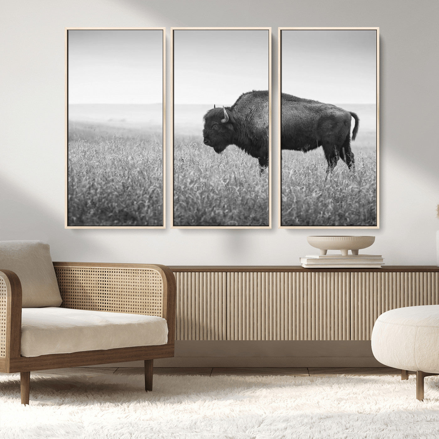 90861202-MGV-CV-36X24-Black and White Bison Canvas Wall Art – Rustic American Buffalo Print, Western Wildlife Photography for Farmhouse, Cabin, Office