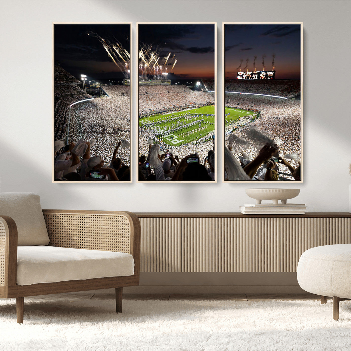 11221988-MGV-CV-36X24-Football Stadium Wall Art – Game Day Crowd with Fireworks, Sports Fan Photography Print, Stadium Decor for Man Cave, Bar, or