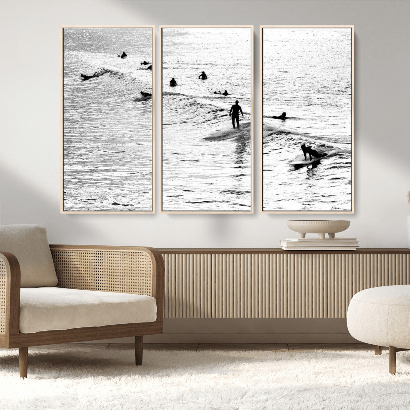 68018616-MGV-CV-36X24-Black and White Surf Photography Print – Minimalist Ocean Wall Art, Surfers Riding Waves, Coastal Beach Decor for Modern Home or
