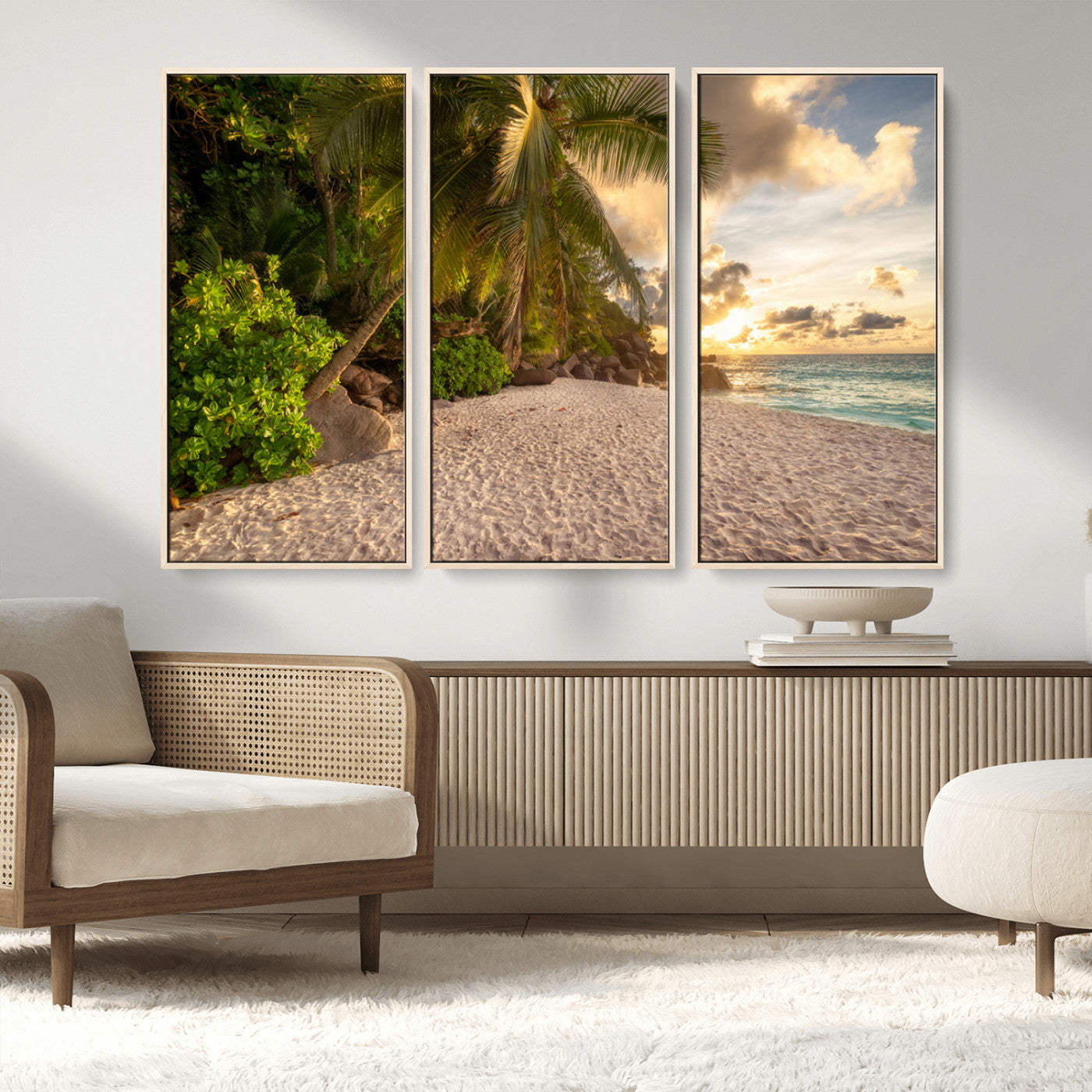 89531159-MGV-CV-36X24-Tropical Beach Sunset Canvas Wall Art – Palm Trees Golden Sand Ocean Waves Coastal Paradise Print for Beach House Bedroom Bathroom