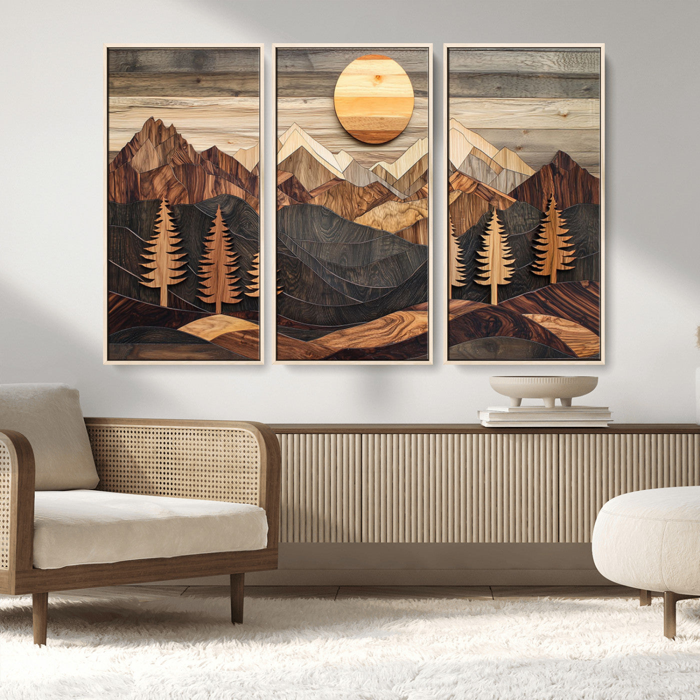 90044381-MGV-FC-48X32-3P_Natural-Rustic Wall Art – Wooden Mountain Landscape with Sun and Pine Trees, Handcrafted Nature Canvas Style Decor for Bedroom, Living
