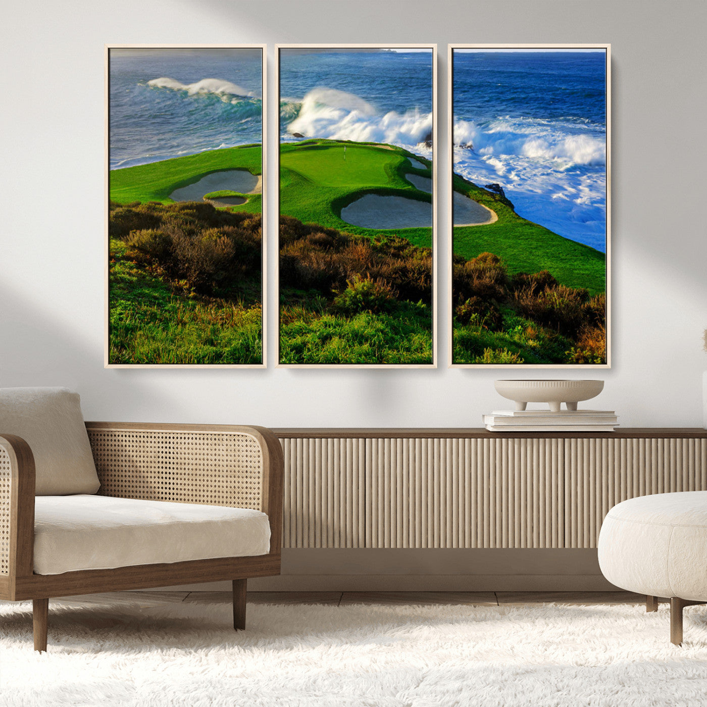 13644055-MGV-FC-48X32-3P_Natural-Golf Wall Art – Oceanfront Green Canvas Print, Scenic Coastal Course Photography Decor for Bedroom, Living Room, Office, Sports