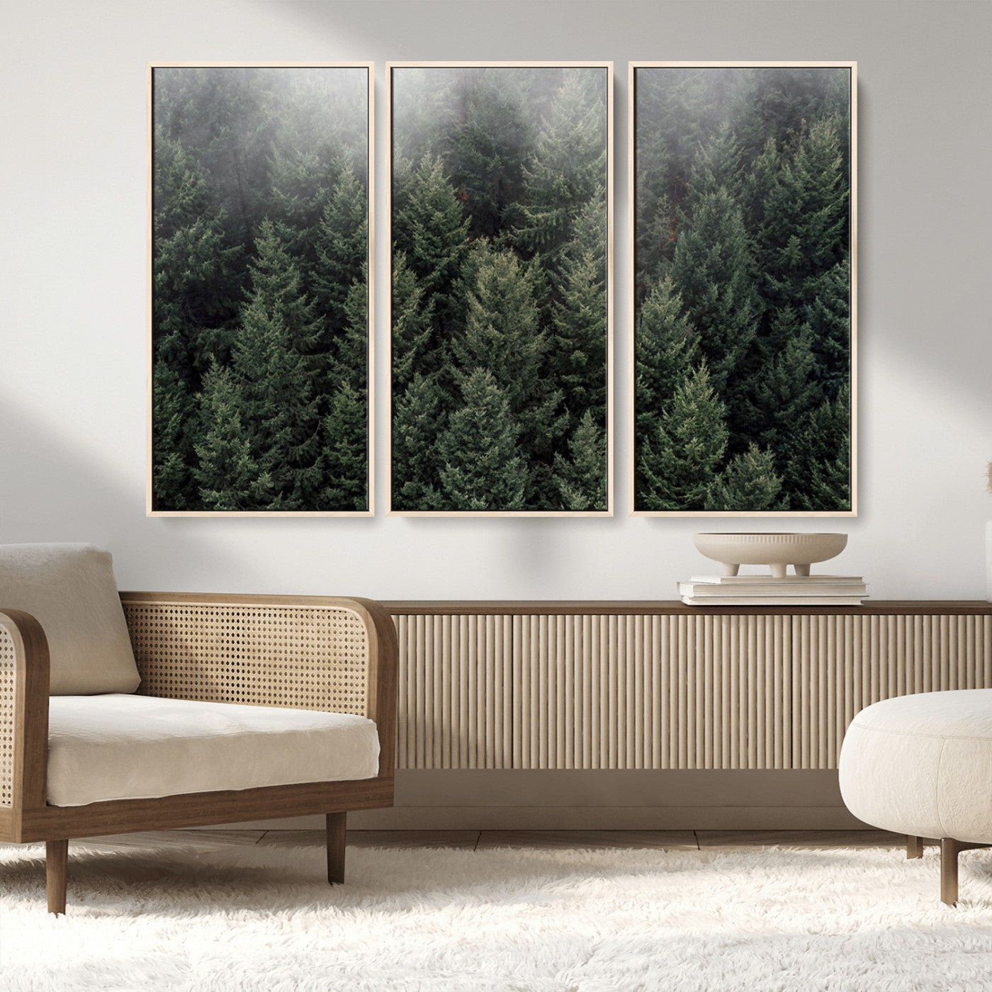 84059409-MGV-FC-48X32-3P_Natural-Forest Wall Art – Misty Evergreen Trees Canvas Print, Tranquil Nature Photography Decor for Bedroom, Living Room, Office, Cabin or
