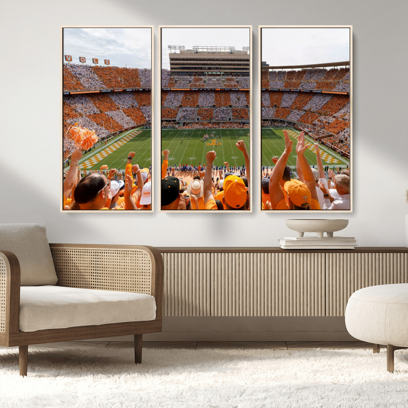 76011417-MGV-FC-48X32-3P_Natural-Neyland Stadium Wall Art – Panoramic Tennessee Volunteers Checkerboard Crowd Canvas Print, Day Game Football Celebration Sports