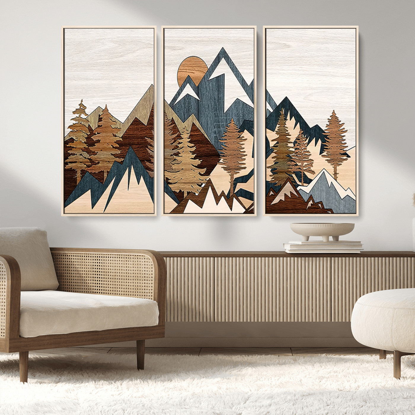 80300-MGV-FC-48X32-3P_Natural-Geometric Mountains Wall Art Canvas Print, Framed Stylized Trees Art Picture Print, Graphic Forest Perfect Rustic Abstract Decor