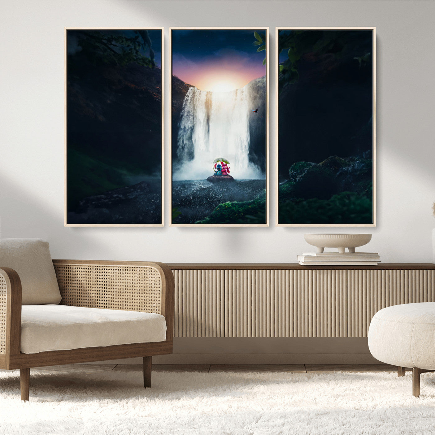 56359-MGV-CV-36X24-Lilo Stitch Wall Art Canvas Print, Framed Stitch Angel Art Picture Print, Cartoon Waterfall Perfect Tropical Fantasy Decor Artwork