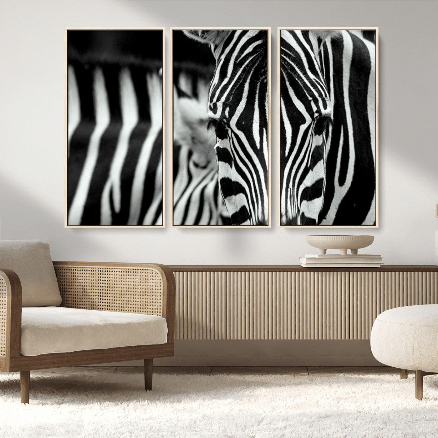 43631-MGV-FC-48X32-3P_Natural-Zebra Wall Art – Black & White Safari Wildlife Canvas Print, Modern Animal Photography Decor for Living Room, Office, or Bedroom