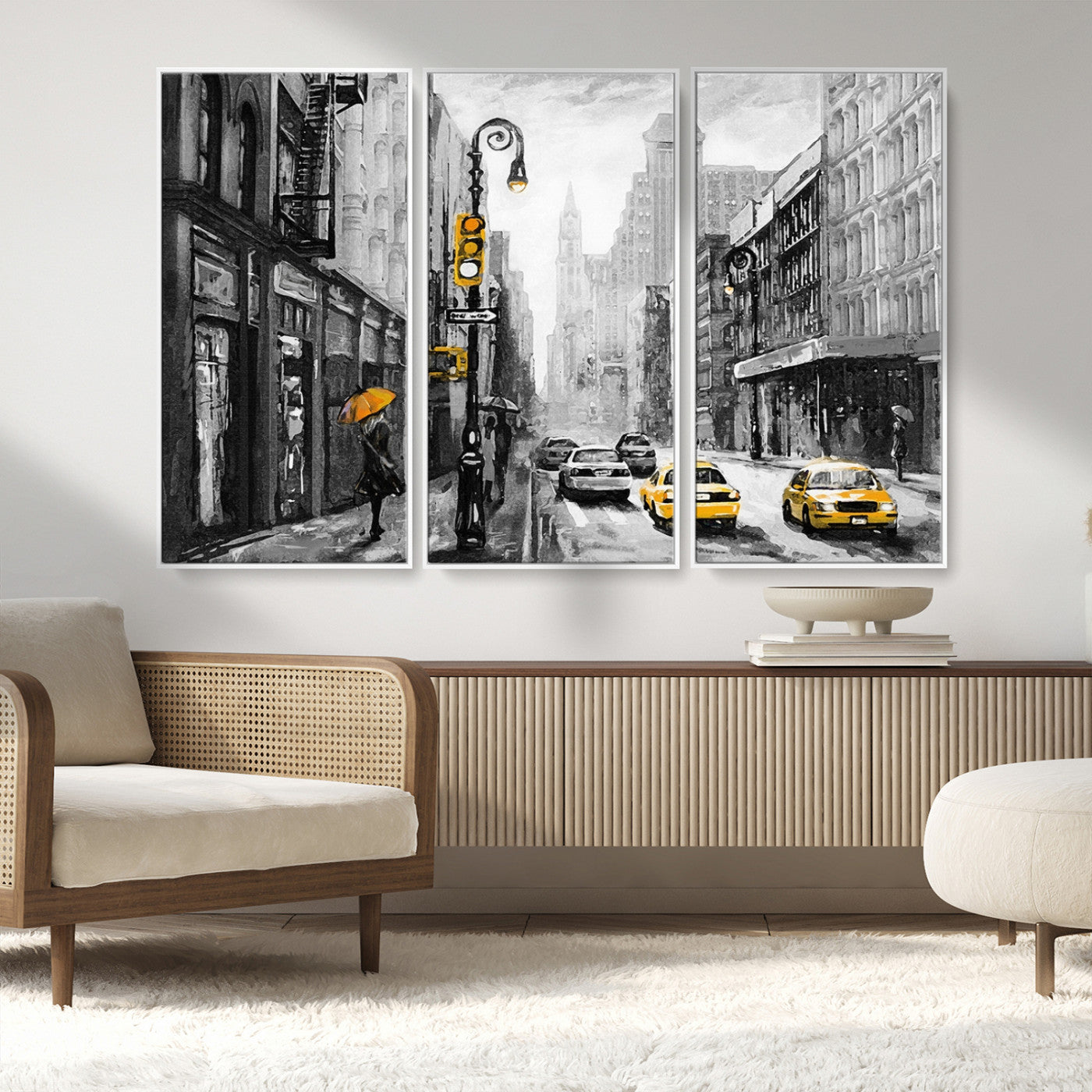 32362-MGV-CV-36X24-NYC Street Wall Art – Black and White Cityscape with Yellow Taxis and Umbrella Canvas Print, Urban Home Decor for Living Room or