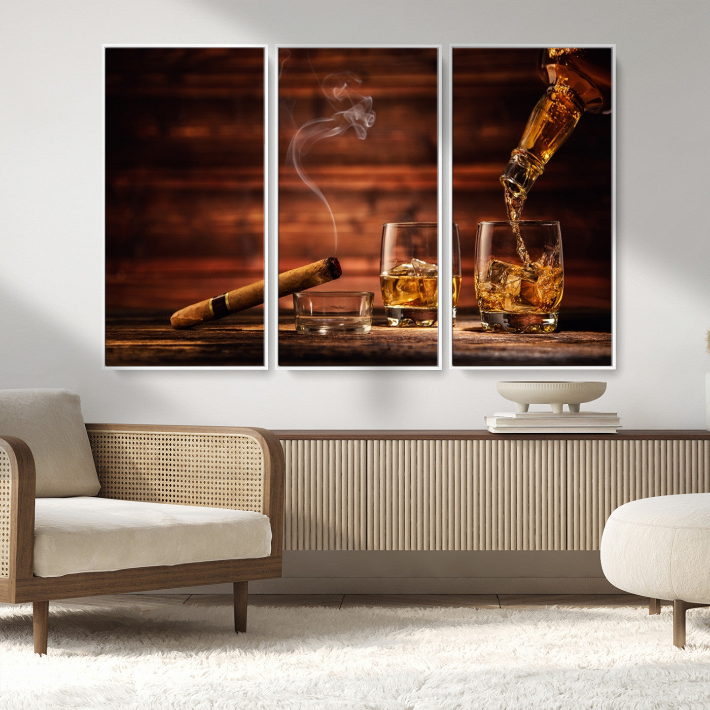 91042-MGV-CV-36X24-Whiskey & Cigar Wall Art – Elegant Whiskey Pour and Smoldering Cigar Canvas Print, Sophisticated Bar or Lounge Decor for Home,