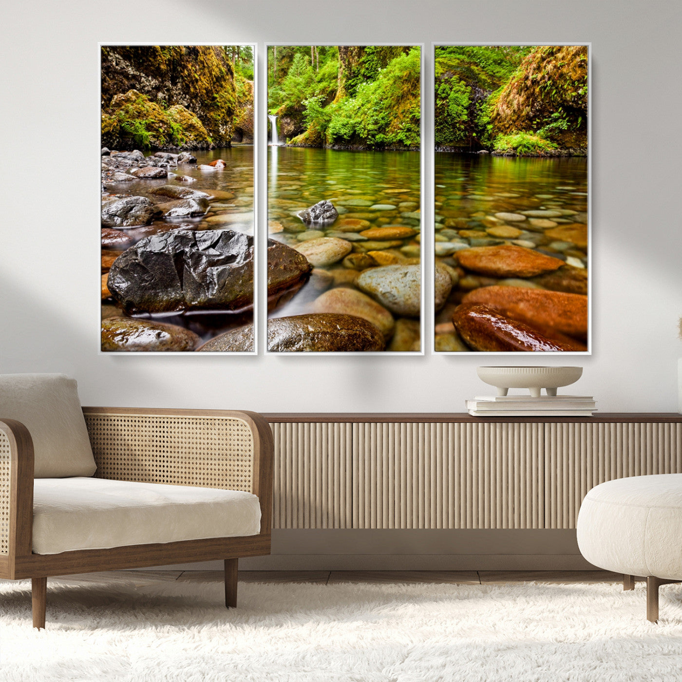 98096-MGV-CV-36X24-Serene River Waterfall Nature Photo – Calm Clear Water, Vibrant Green Forest and Smooth Stones Landscape Wall Art for Home or