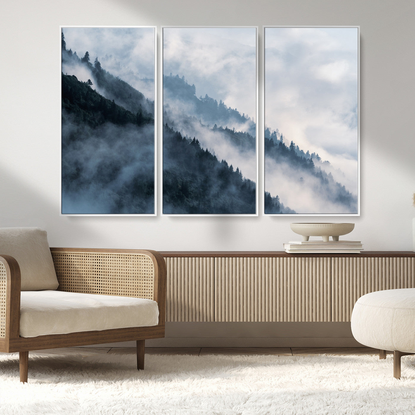 85737-MGV-FC-48X32-3P_White-Misty Mountain Wall Art – Atmospheric Pine Forest Canvas Print with Fog and Mist, Calm Nature Decor for Living Room, Bedroom,