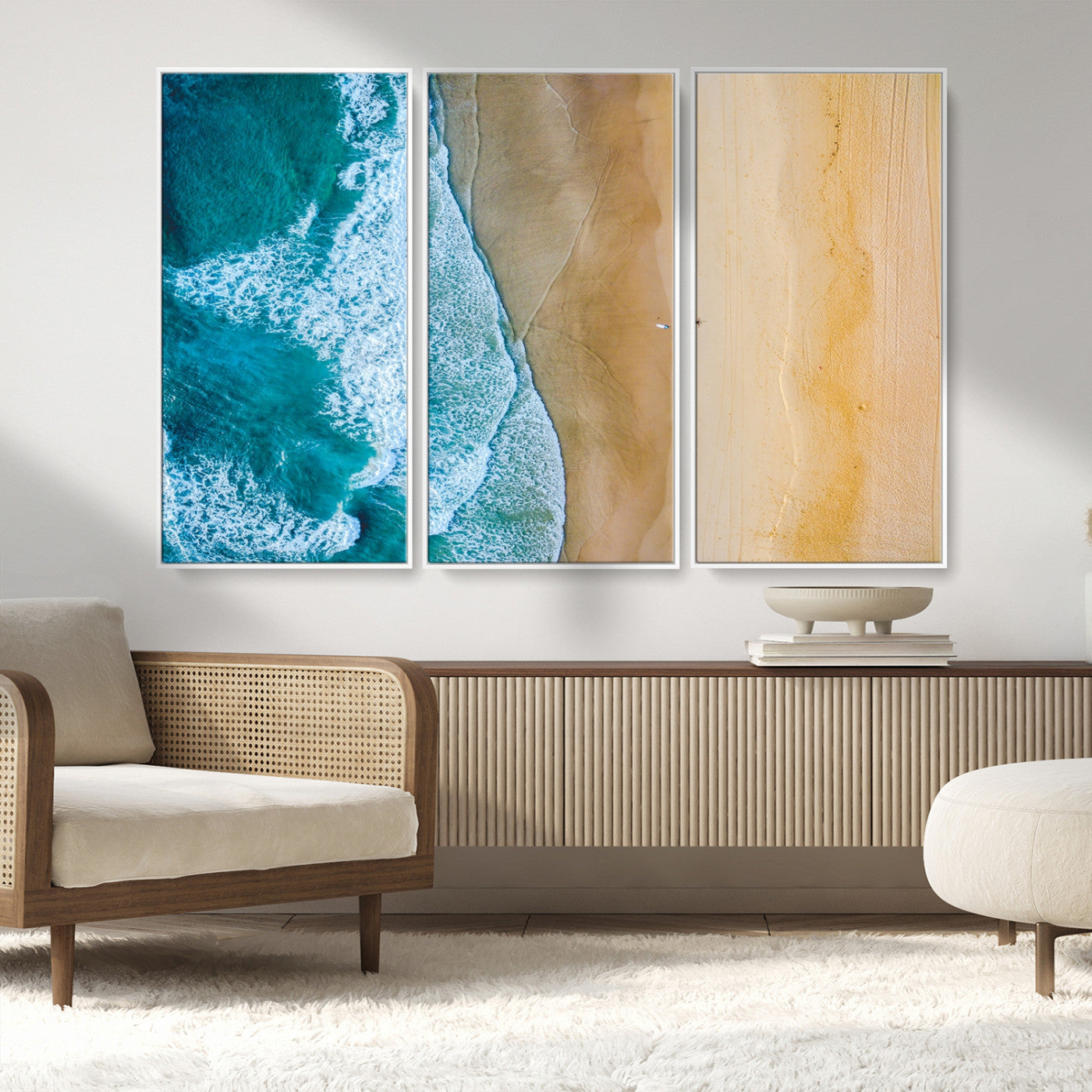 46640-MGV-FC-48X32-3P_White-Aerial Beach Wall Art – Turquoise Waves and Golden Sand Canvas Print with Lone Surfer, Coastal Ocean Decor for Living Room,