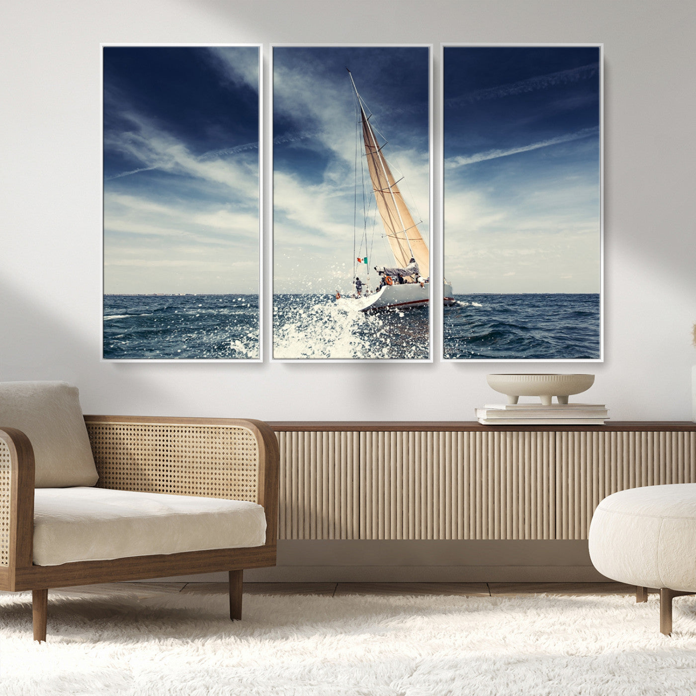 75430-MGV-FC-48X32-3P_White-Sailing Boat Wall Art – Dynamic Ocean Yacht Canvas Print, Nautical Decor for Living Room, Office, Beach House or Cabin