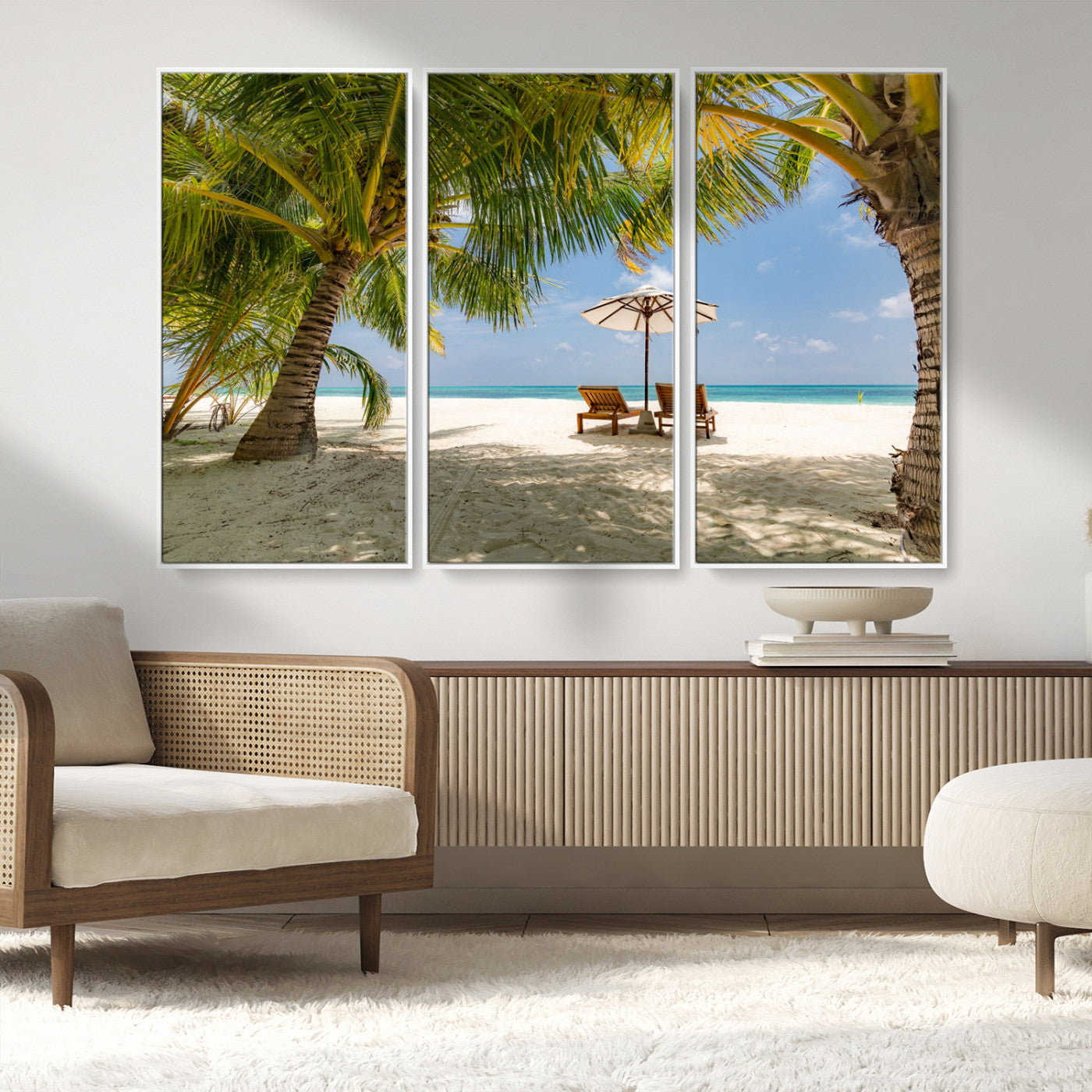 83601-MGV-CV-36X24-Tropical Beach Wall Art – Serene Palm Trees and Lounge Chairs Canvas Print, Relaxing Coastal Decor for Living Room, Bedroom or