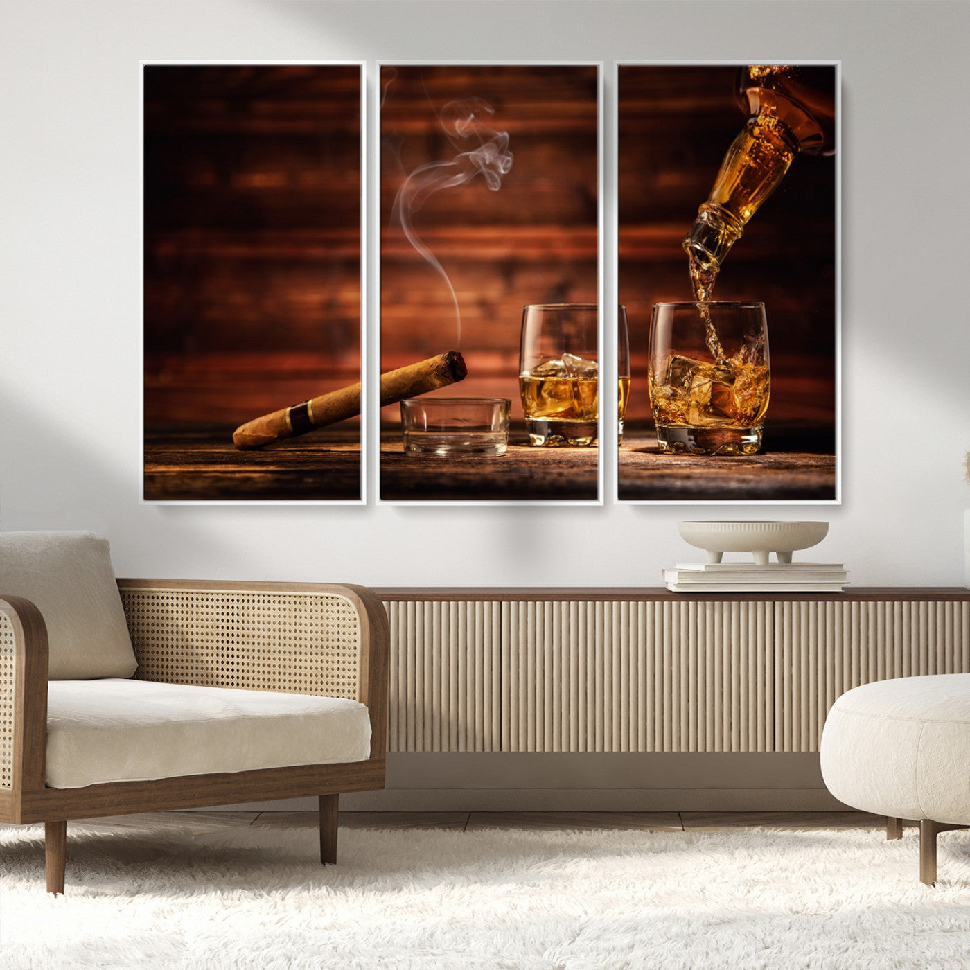 41139-MGV-FC-48X32-3P_White-Whiskey and Cigar Still Life – Glasses with Ice and Pouring Amber Drink on Wooden Table with Smoke, Elegant Bar or Lounge Wall