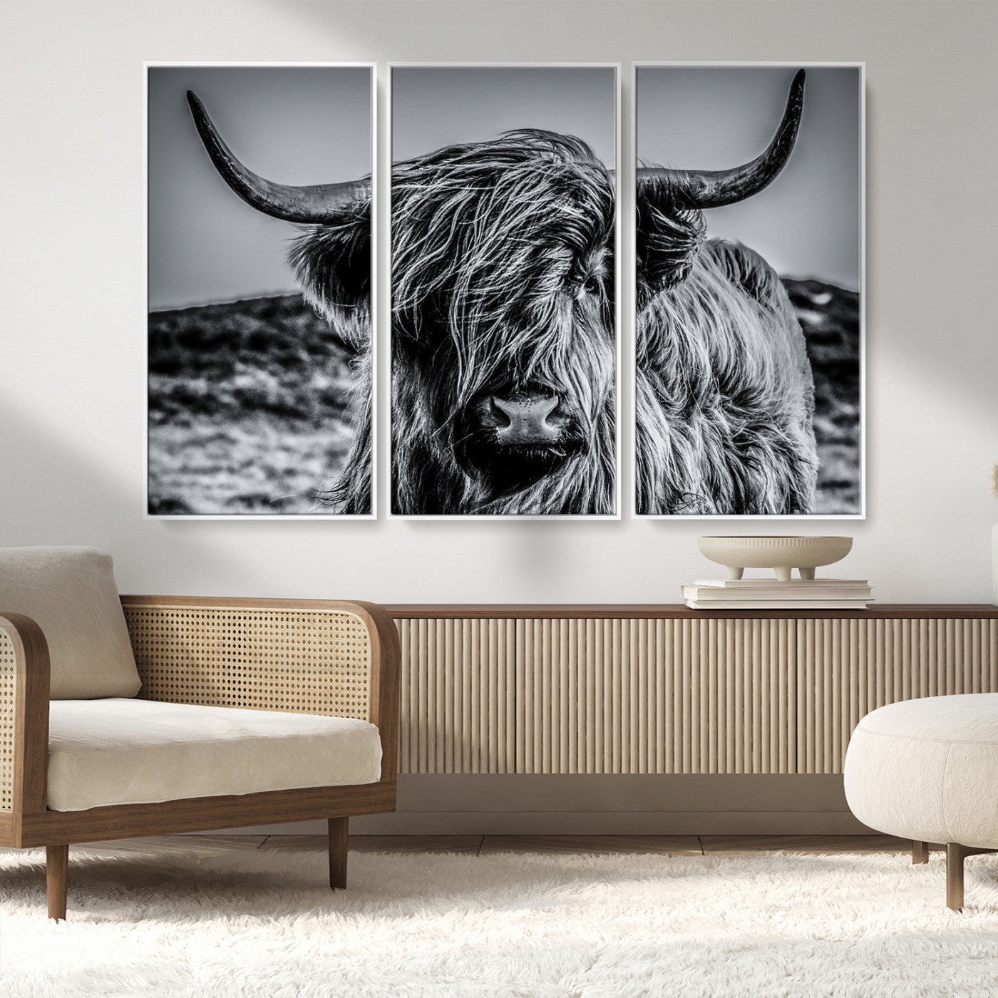 97372-MGV-CV-36X24-Elegant Highland Cow Wall Art – Black and White Canvas Print, Rustic Nature Decor for Home, Office, Living Room or Man Cave