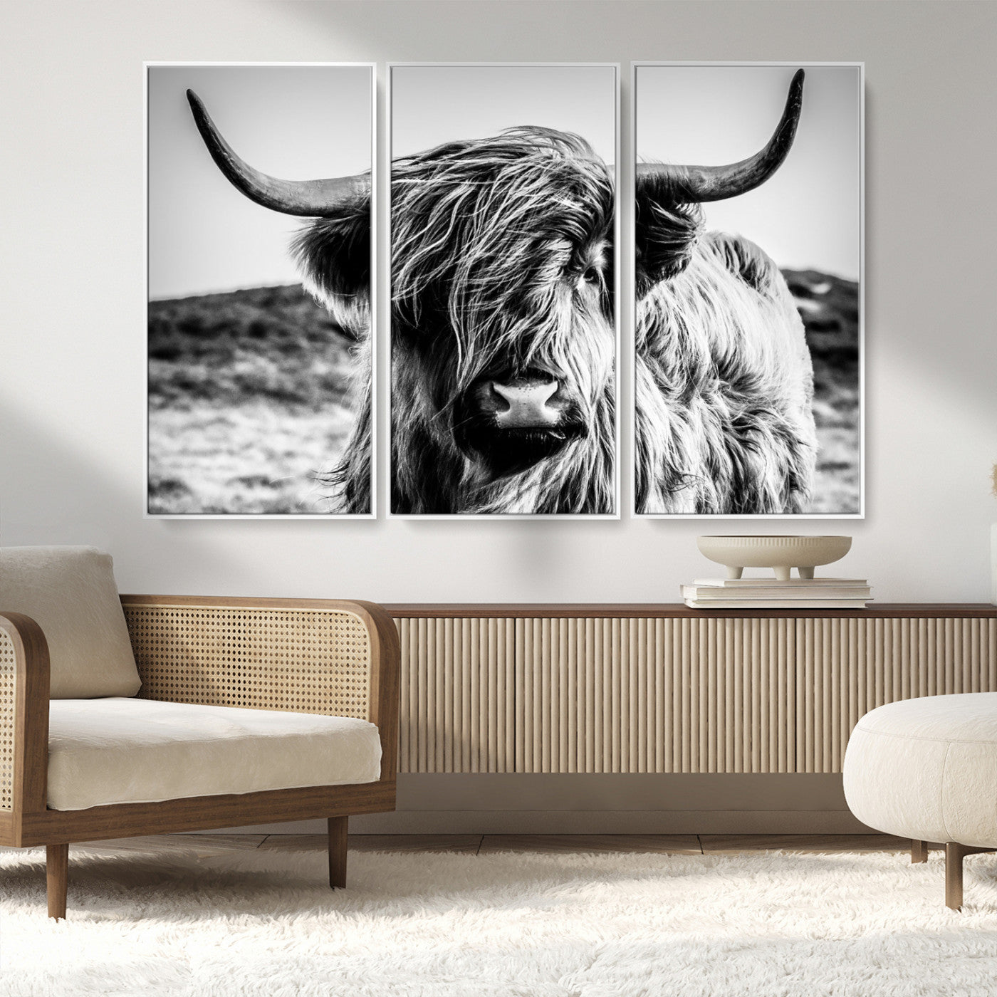 36979-MGV-FC-48X32-3P_White-Striking black-and-white portrait of a Highland cow with flowing fur and majestic horns, perfect for rustic and elegant home or
