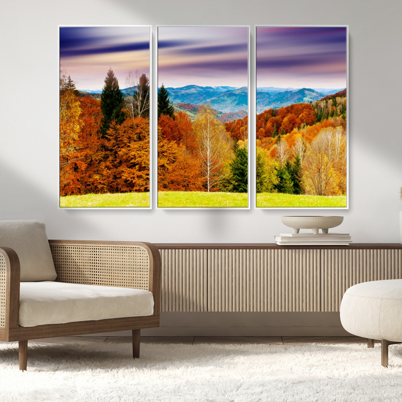 58007-MGV-FC-48X32-3P_White-Autumn Mountain Landscape Wall Art – Stunning Fall Forest Canvas Print, Cozy Nature Decor for Home or Office