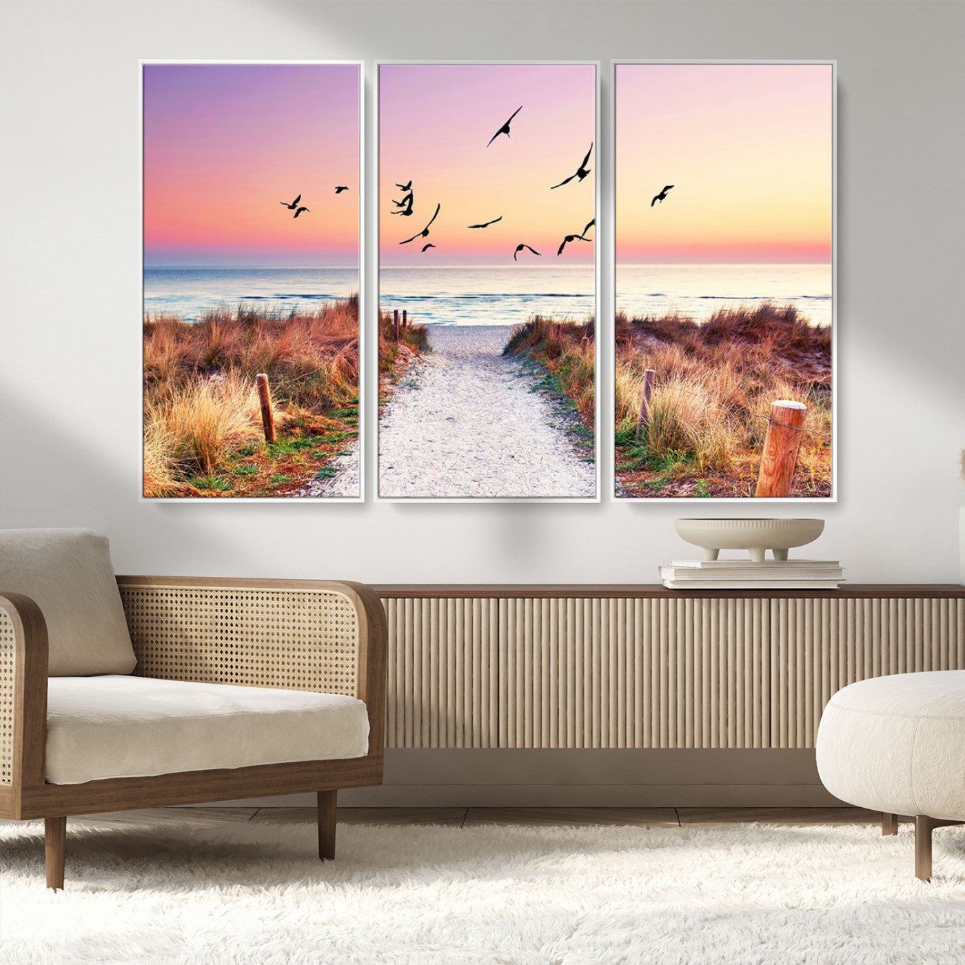 54411-MGV-CV-36X24-Beach Path with Birds Wall Art – Coastal Sunset Ocean Canvas Print, Seaside Nature Landscape Photography for Living Room, Bedroom