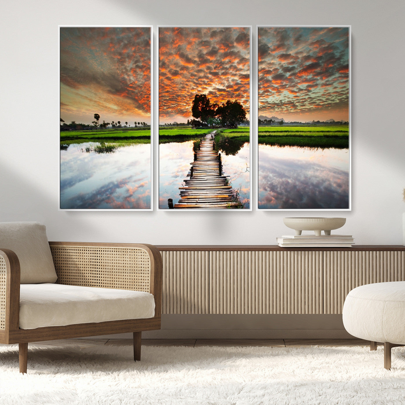 29105-MGV-CV-36X24-Rustic Wooden Bridge Wall Art – Scenic Sunset Over Rice Fields and Reflective Water Canvas Print, Nature Landscape Decor for
