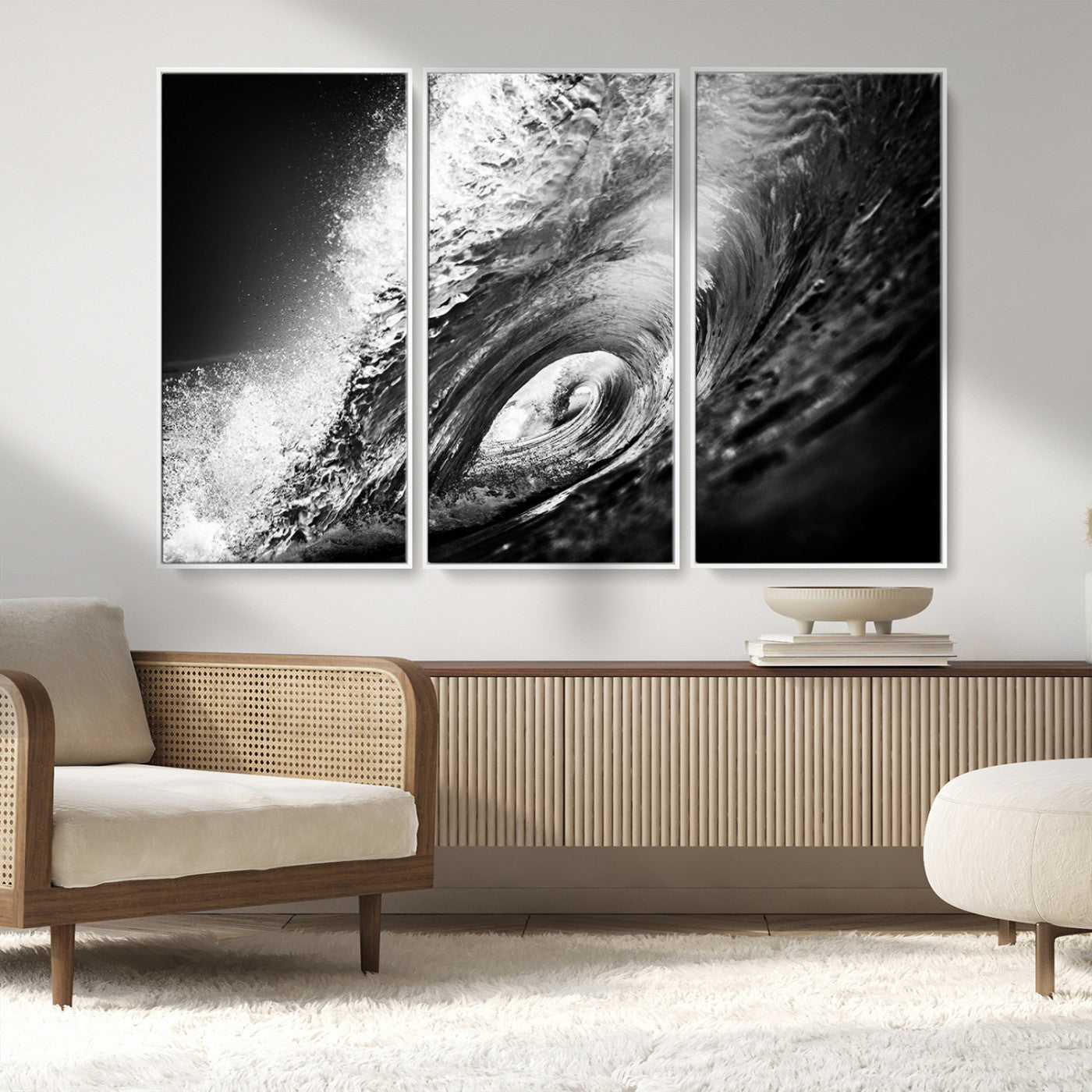22702-MGV-CV-36X24-Black and White Ocean Wave Wall Art – Powerful Surf Curl Photography Canvas Print, Modern Coastal Decor for Living Room, Office or