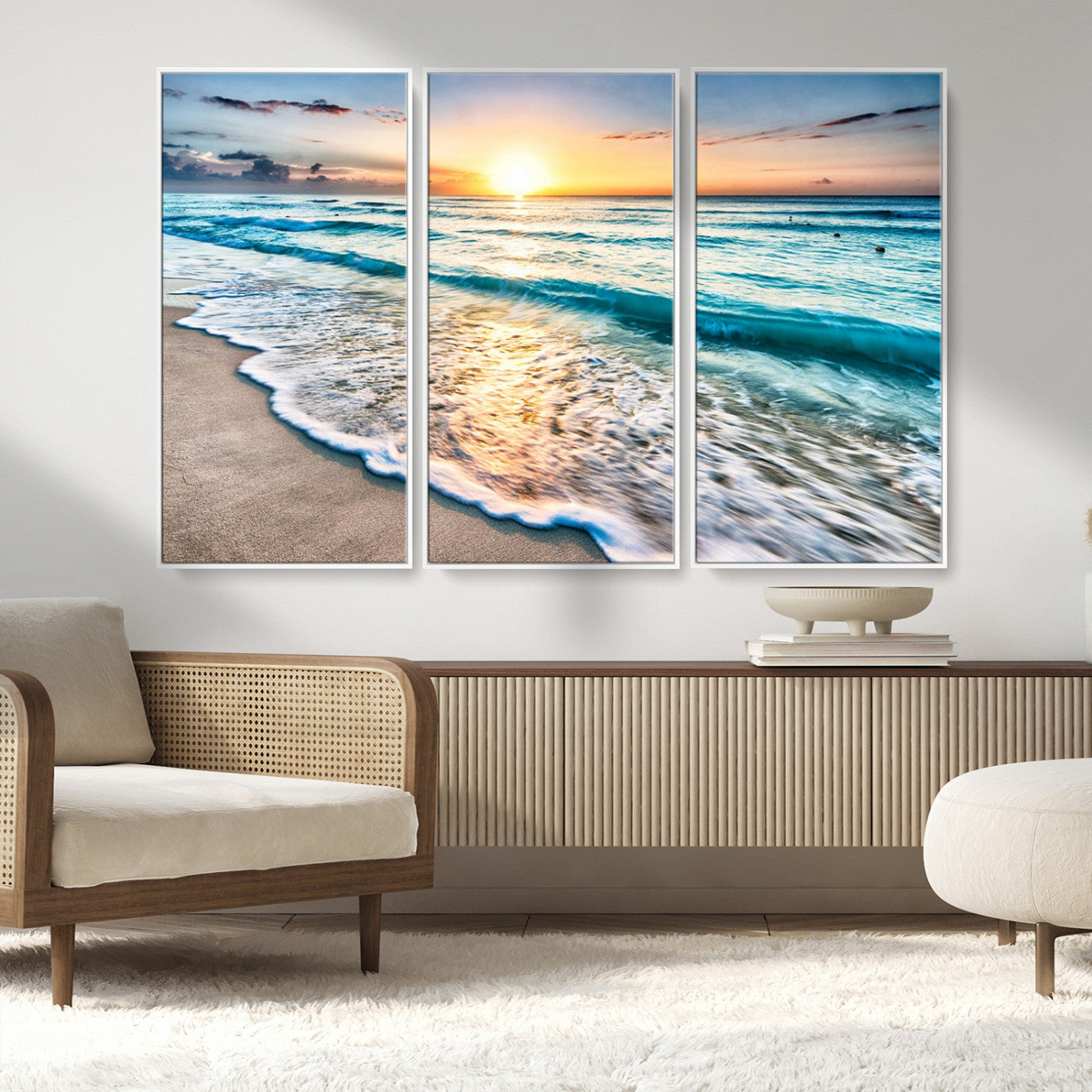 27815-MGV-CV-36X24-Ocean Sunrise Beach Wall Art – Serene Coastal Canvas Print with Waves and Golden Morning Light, Relaxing Seascape Decor for