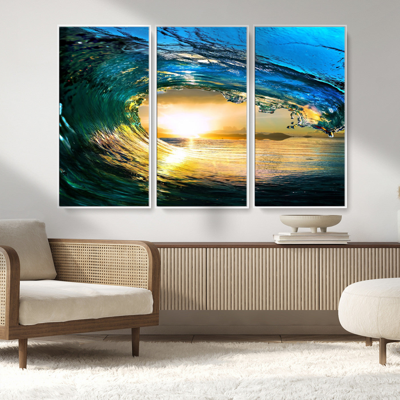 19378-MGV-CV-36X24-Ocean Wave Sunset Wall Art – Vibrant Surf and Golden Horizon Canvas Print, Coastal Seascape Photography for Living Room, Bedroom,